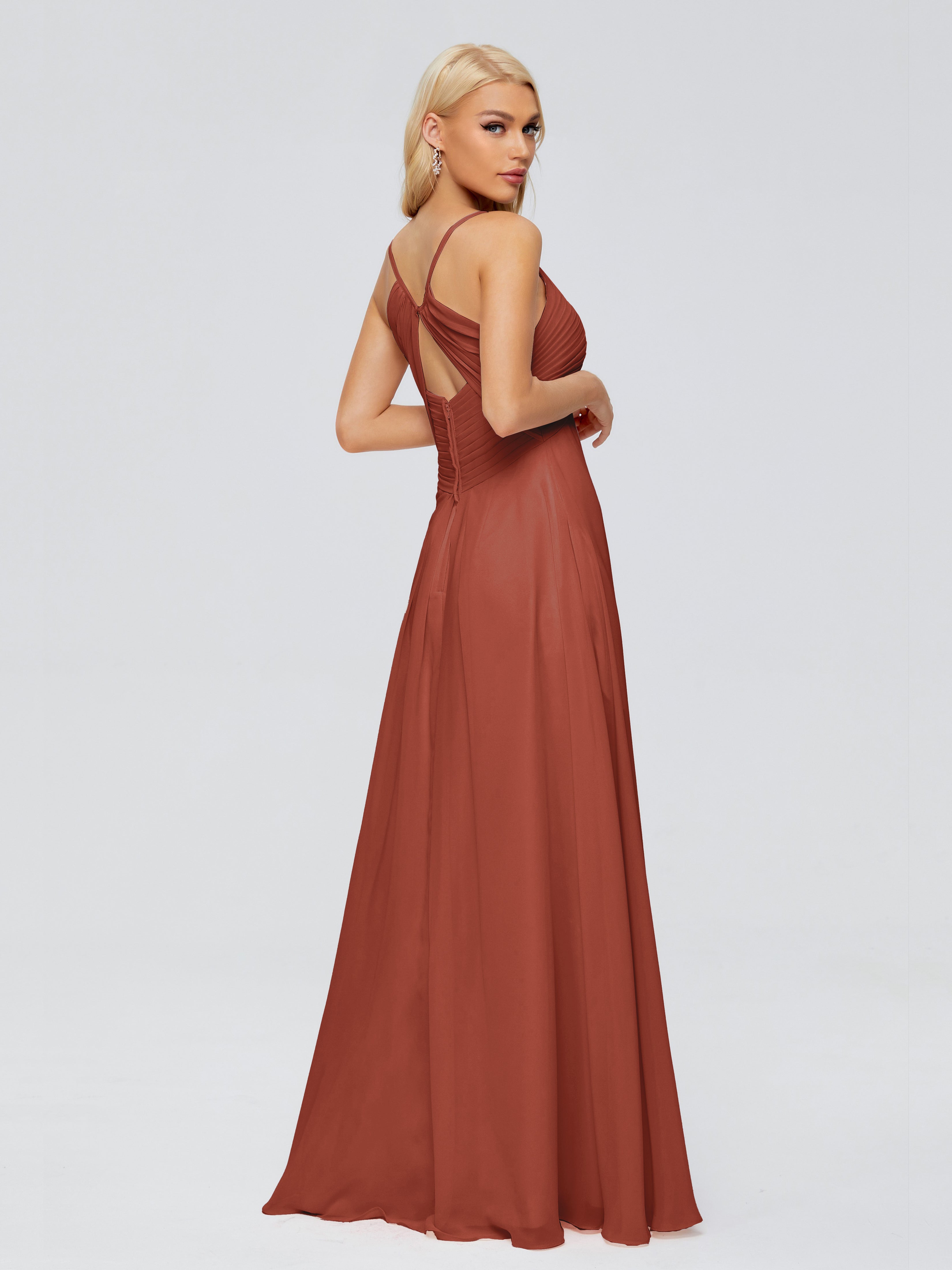 Robe De Demoiselle D'Honneur De Rouille Au Sol Trapèze Bretelles Spaghetti Mousseline Robes Demoiselle D'Honneur