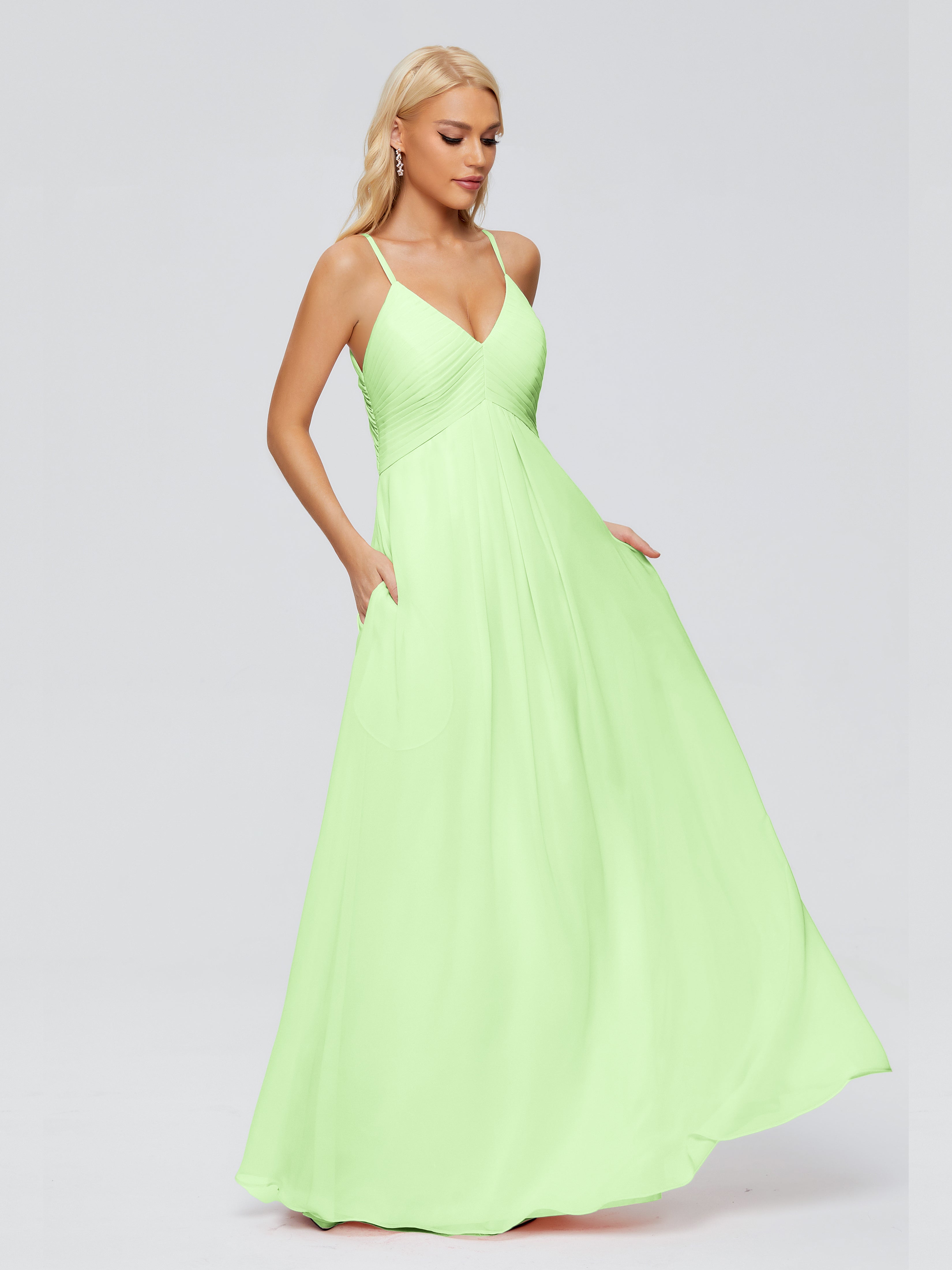 Robe Vert Sauge Demoiselle D Honneur Trapèze Bretelles Spaghetti Mousseline Robes Demoiselle D'Honneur