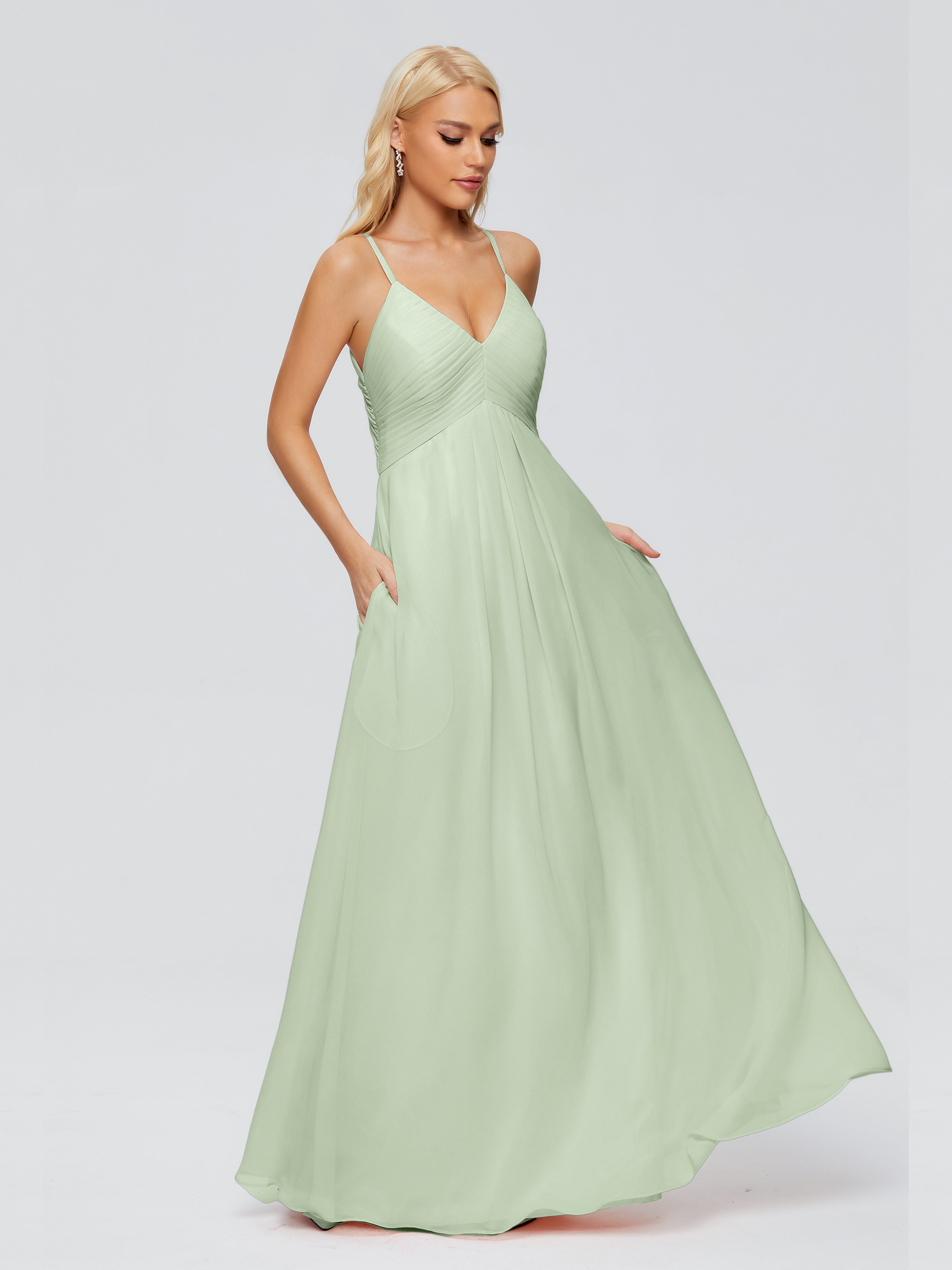 Sauge Poussiéreuse De Demoiselle D'Honneur Trapèze Bretelles Spaghetti Mousseline Robes Demoiselle D'Honneur