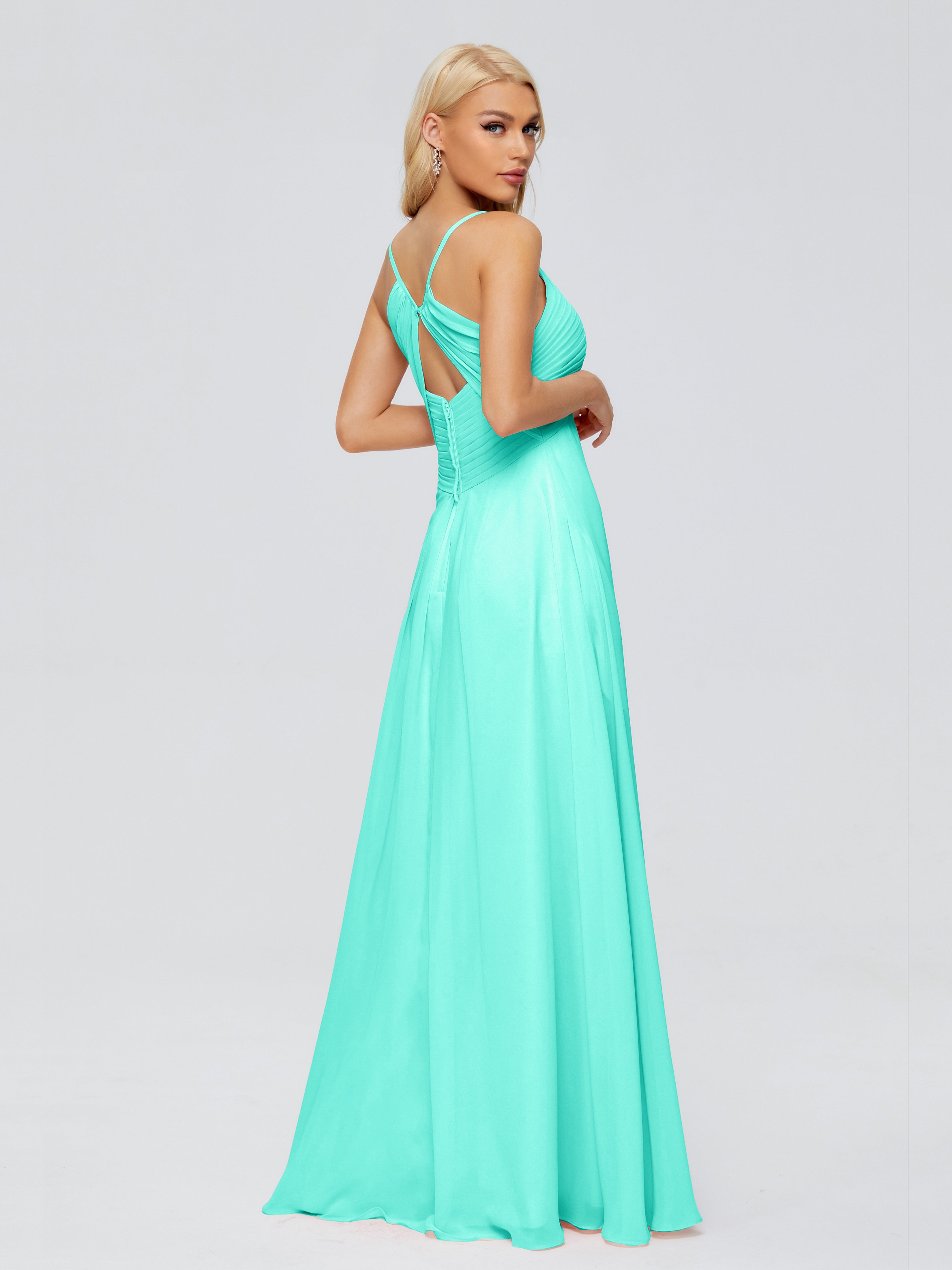 Robes De Demoiselle D'Honneur Spa Trapèze Col V Bretelles Spaghetti Mousseline Robes Demoiselle D'Honneur