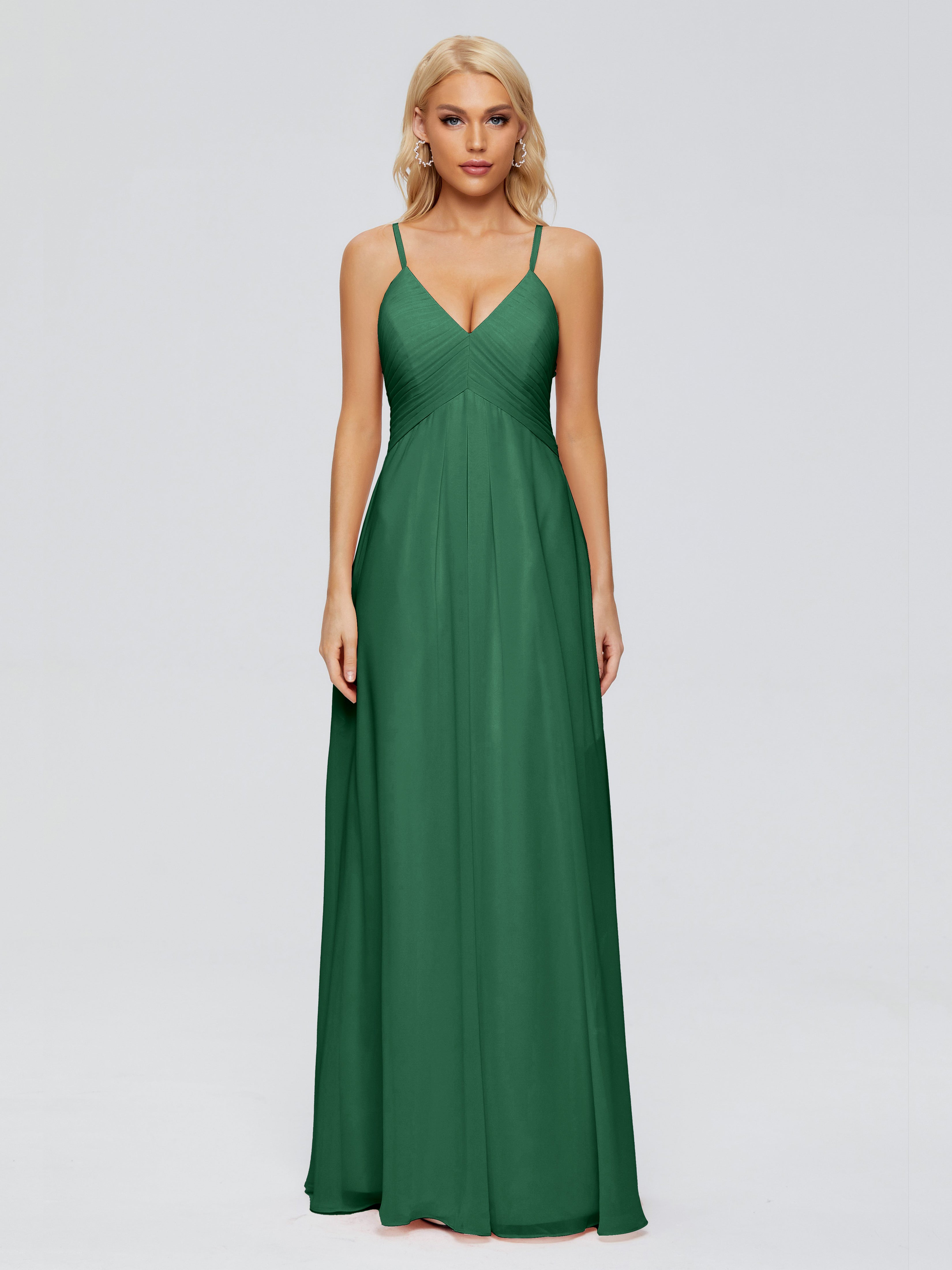 Demoiselle D'Honneur Vert Foncé Trapèze Col V Bretelles Spaghetti Mousseline Robes Demoiselle D'Honneur