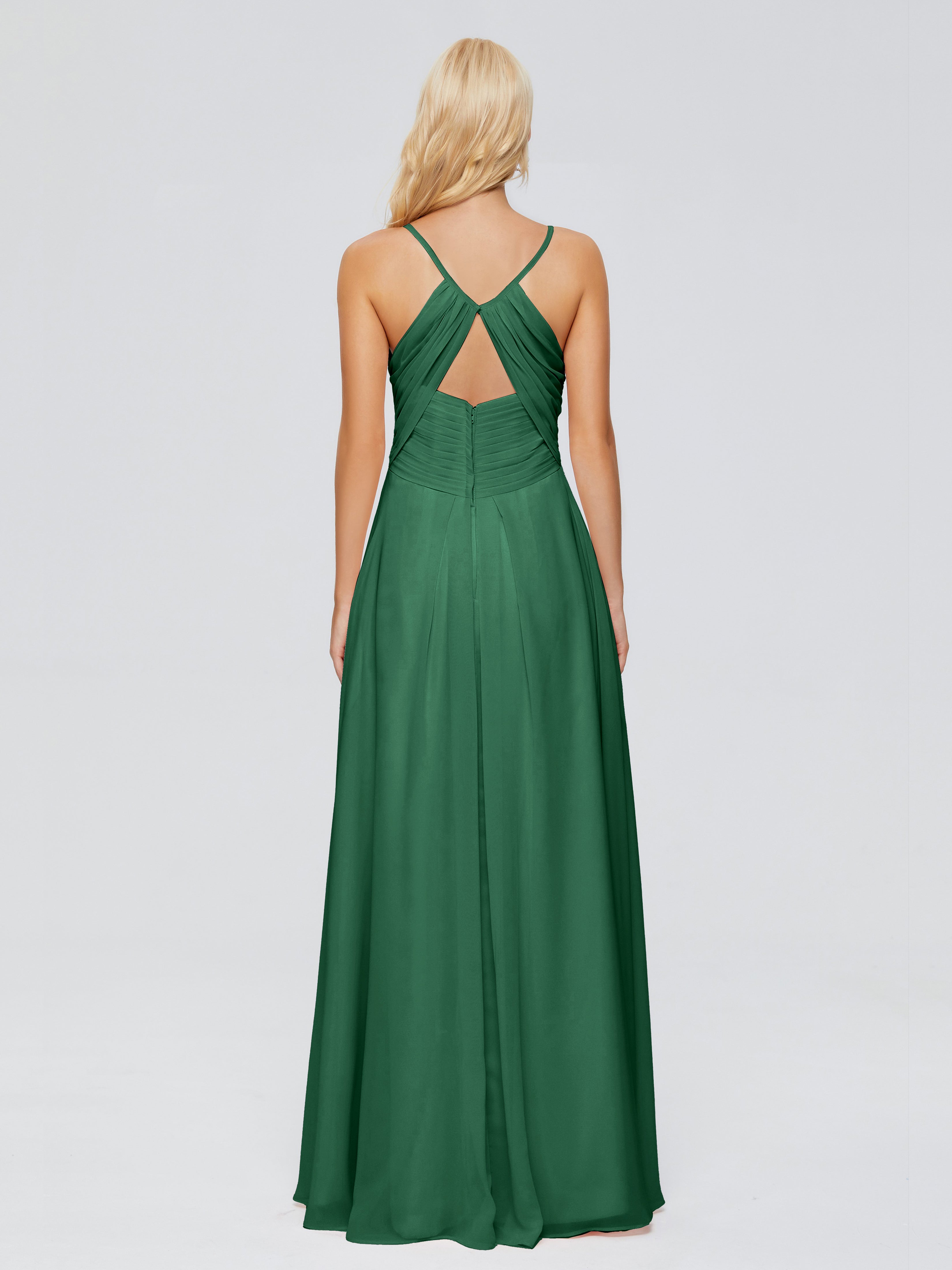 Demoiselle D'Honneur Vert Foncé Trapèze Col V Bretelles Spaghetti Mousseline Robes Demoiselle D'Honneur