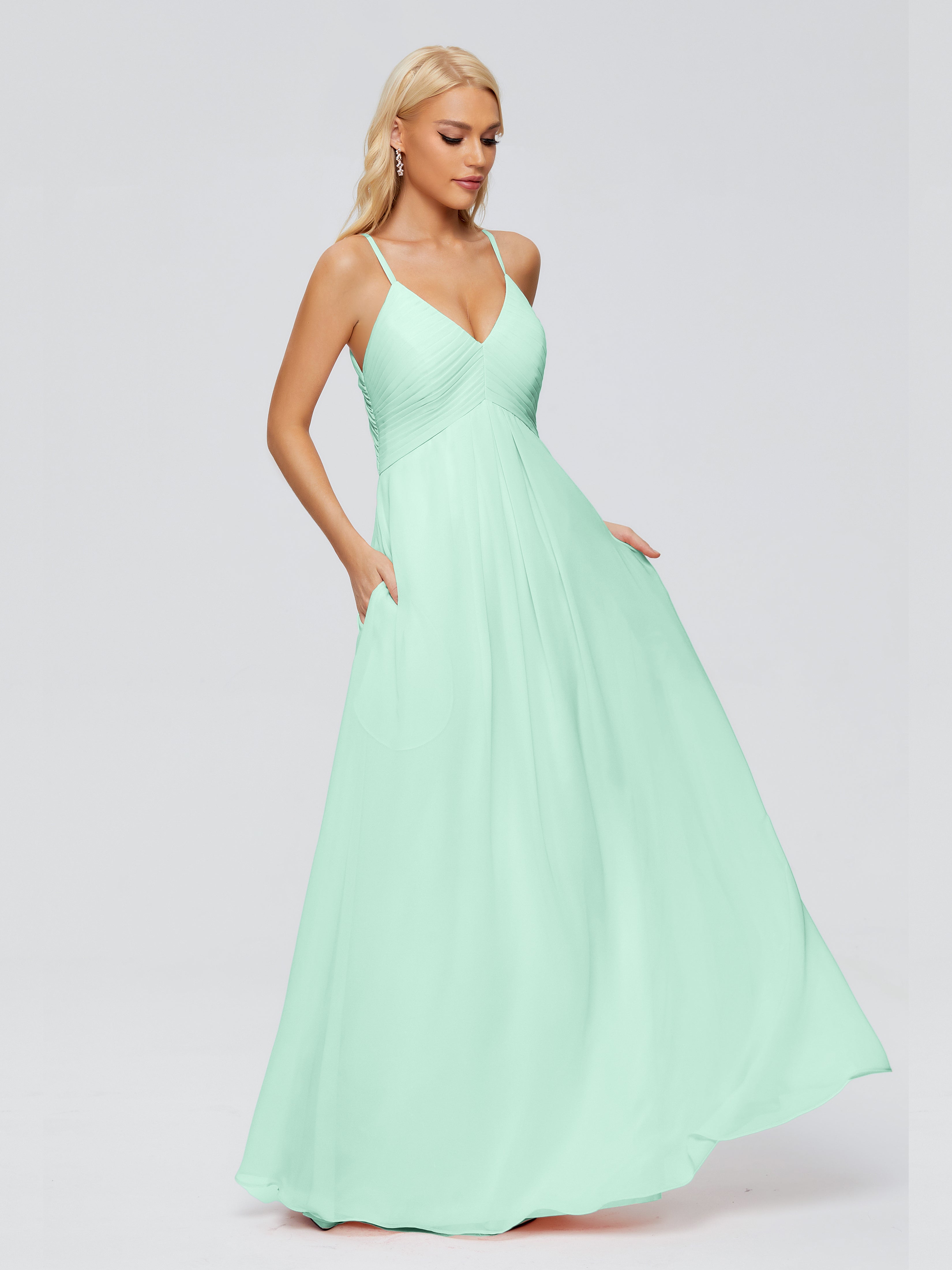 Robe Vert Menthe Demoiselle D Honneur Trapèze Col V Bretelles Spaghetti Mousseline Robes Demoiselle D'Honneur