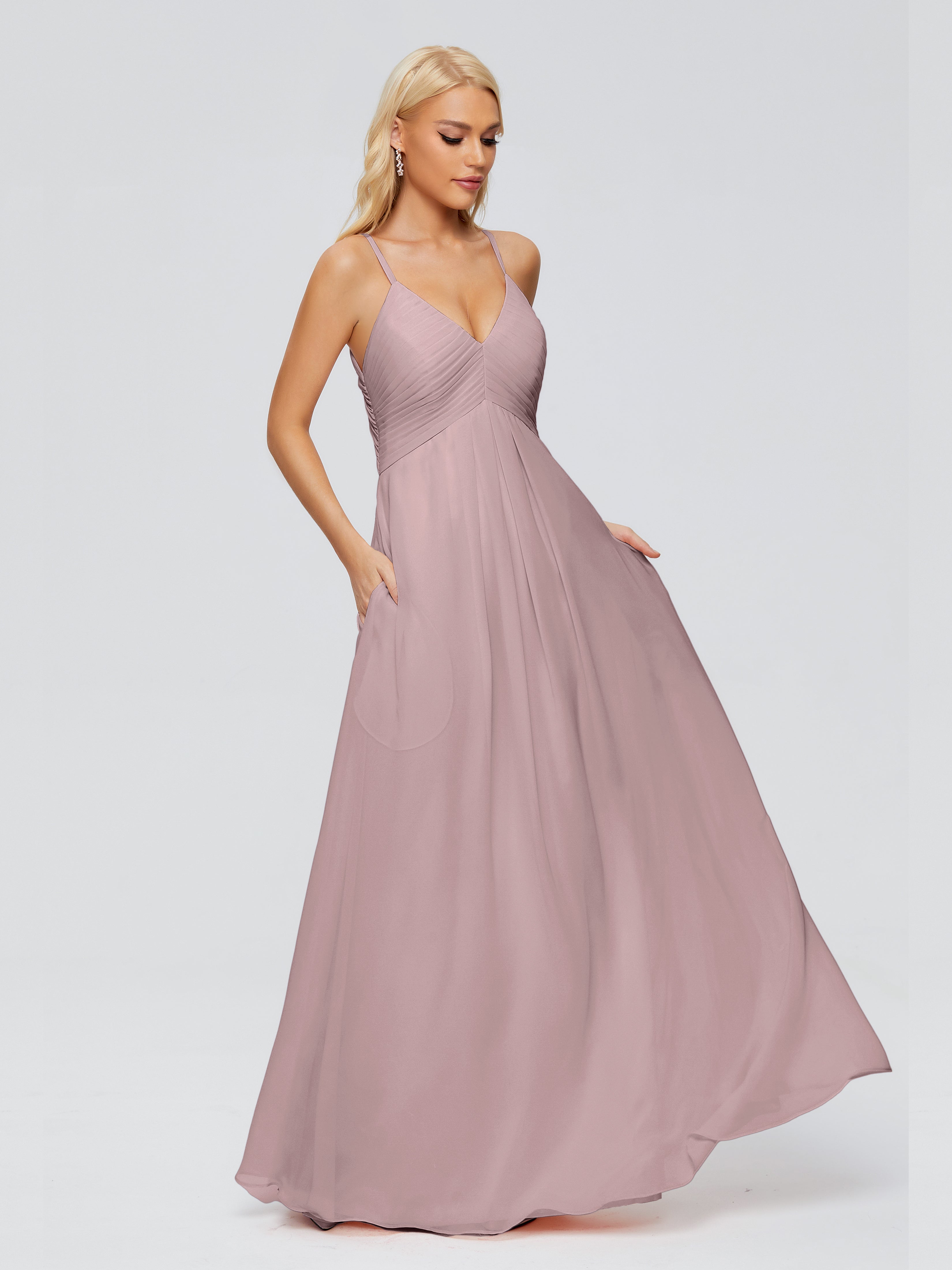 Robes De Demoiselle D'Honneur Vintage Mauve Trapèze Col V Bretelles Spaghetti Mousseline Robes Demoiselle D'Honneur