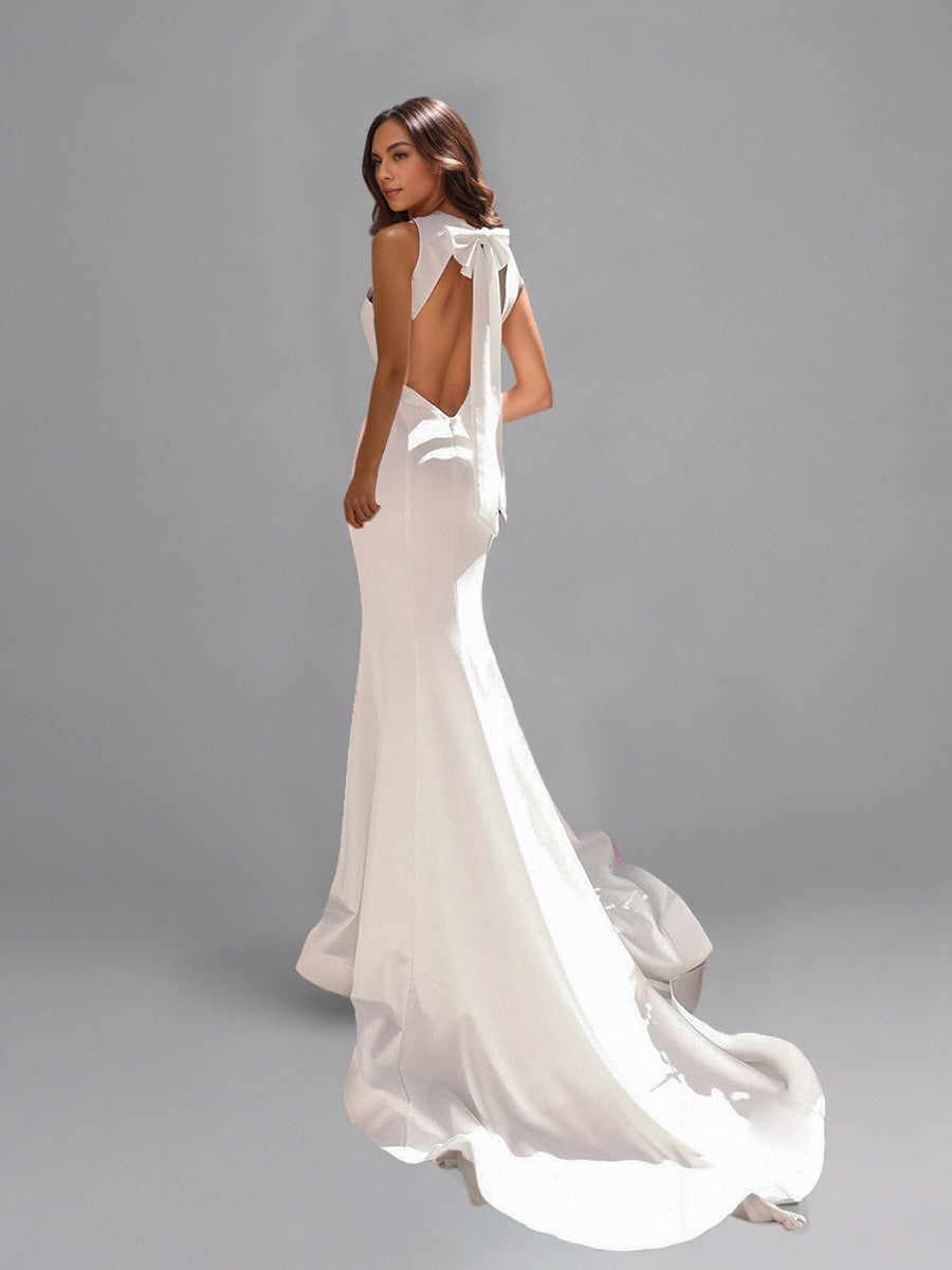Cicinia Ivoire Robe de Mariée Sirène sans Manches Décolleté en V Plongeant avec Traîne Balayée Épurée