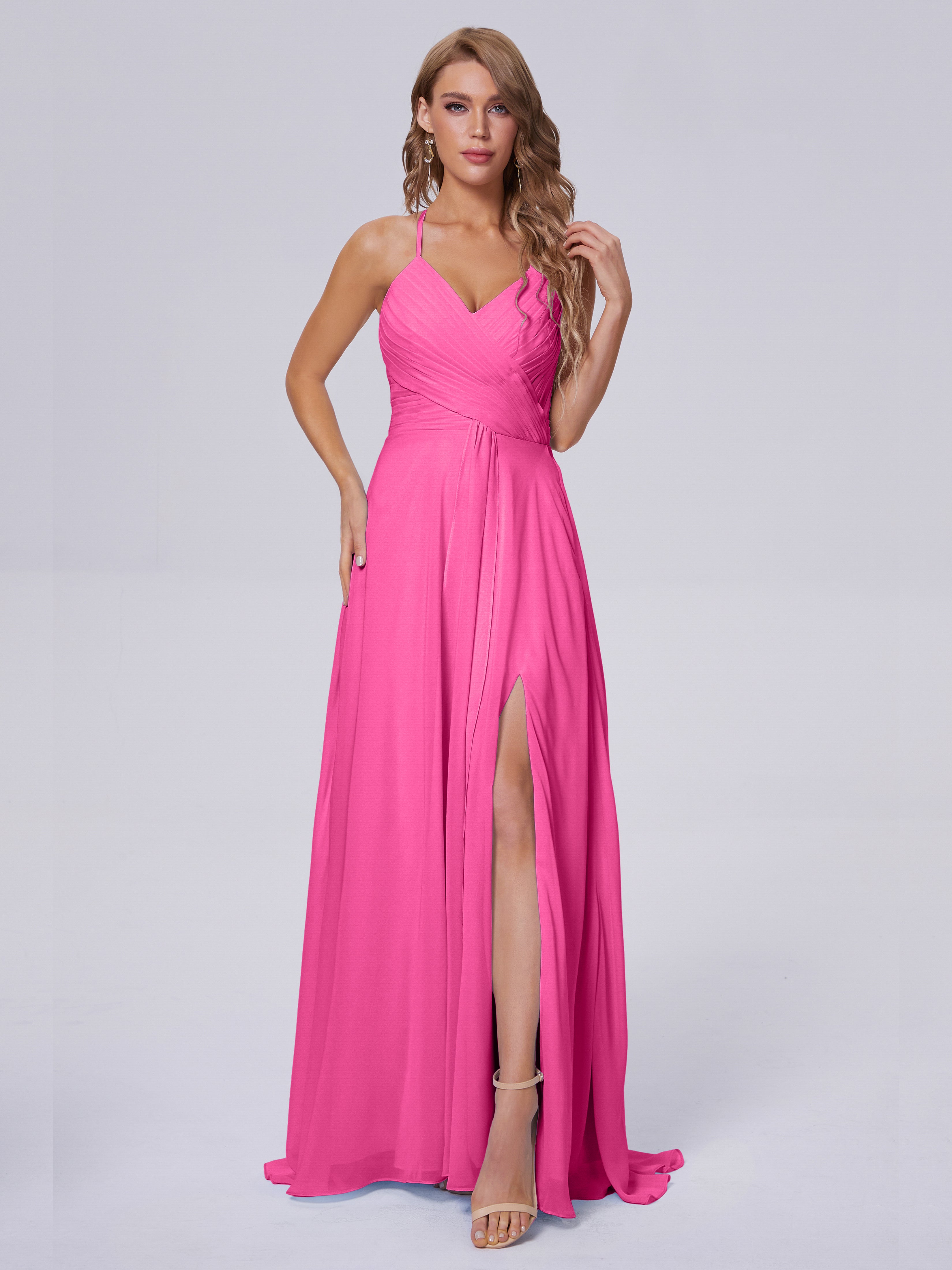 Robe Demoiselle D Honneur Azalée Bretelles Spaghetti Fendue Mousseline Robes Demoiselle D'Honneur