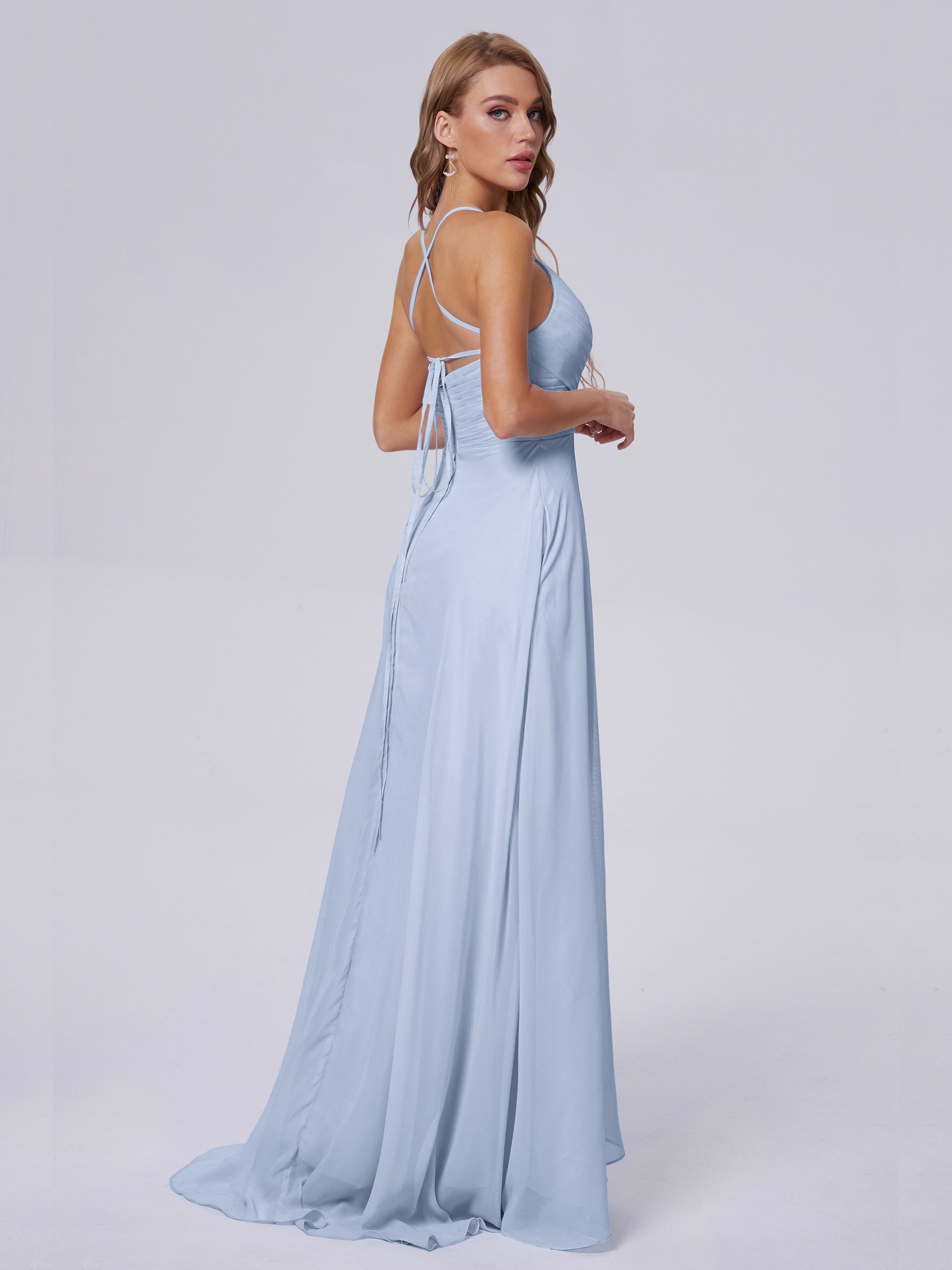 Robe De Demoiselle D Honneur Bleu Ciel Bretelles Spaghetti Fendue Mousseline Robes Demoiselle D'Honneur