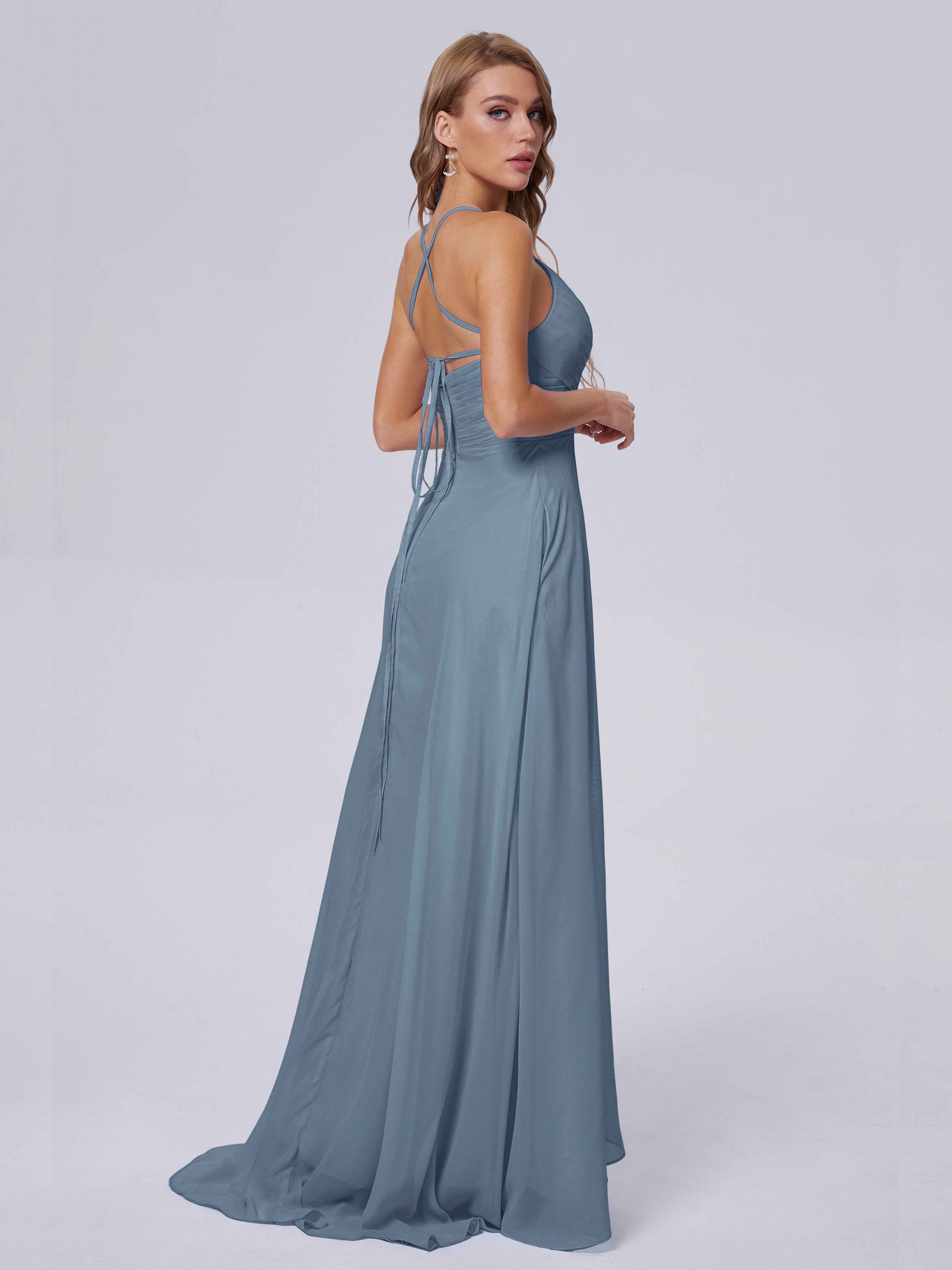 Robes De Demoiselle D'Honneur Bleu De Schiste Bretelles Spaghetti Fendue Mousseline Robes Demoiselle D'Honneur