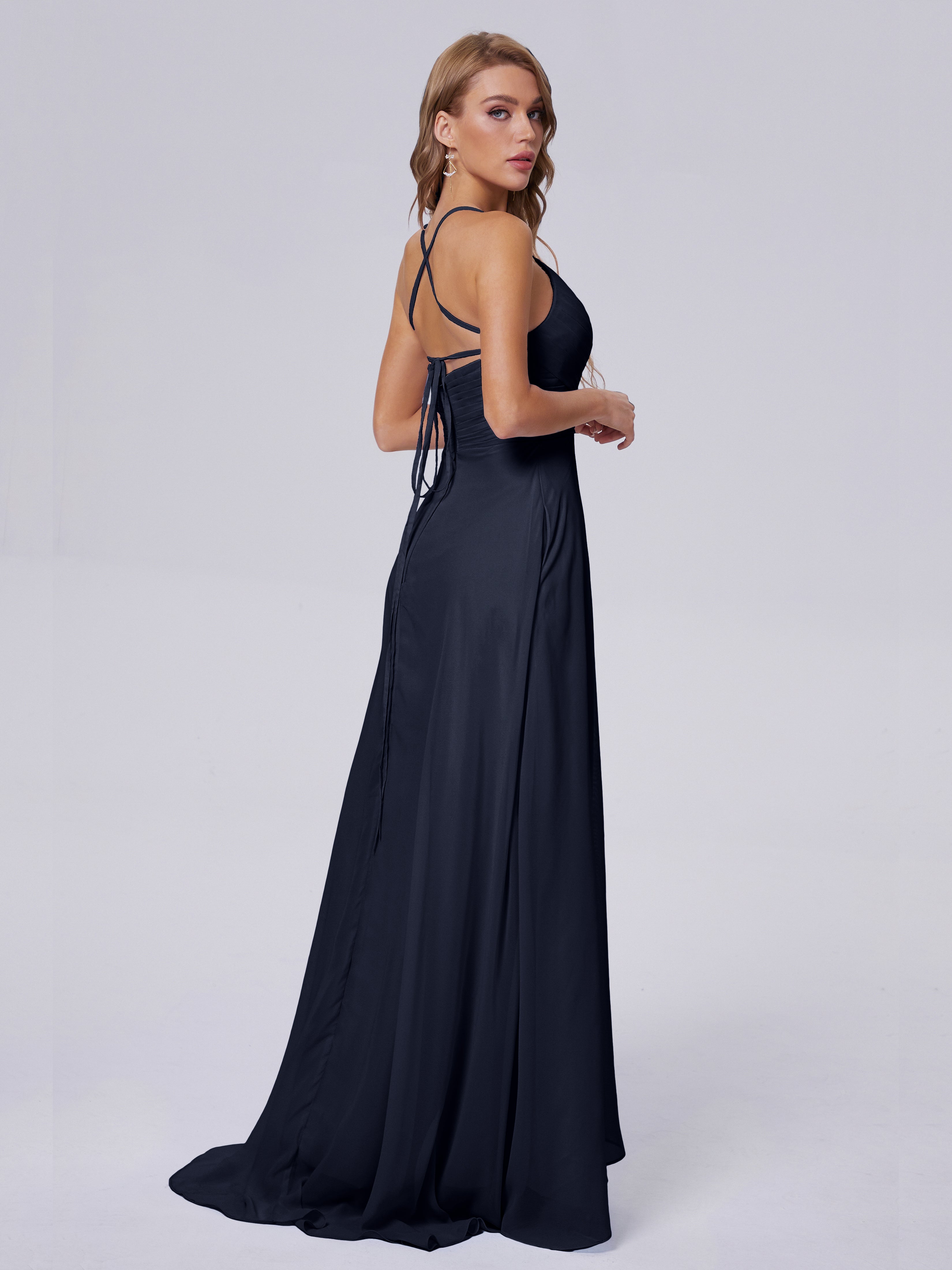 Robe De Demoiselle D Honneur Bleu Marine Bretelles Spaghetti Fendue Mousseline Robes Demoiselle D'Honneur