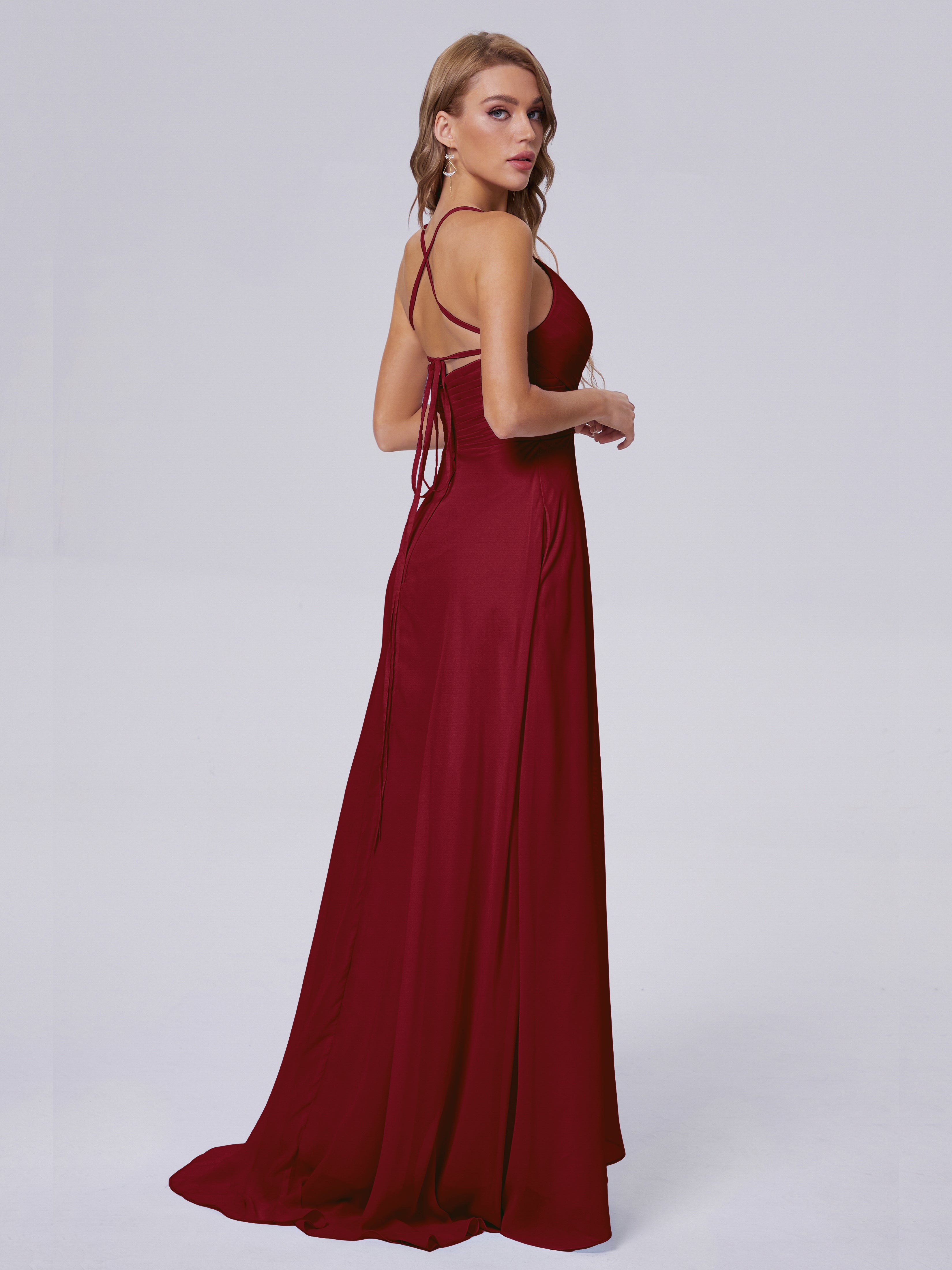 Robe Demoiselle D Honneur Rouge Bordeaux Bretelles Spaghetti Fendue Mousseline Robes Demoiselle D'Honneur