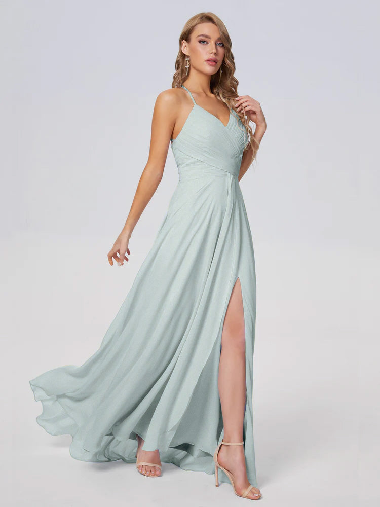 Robe Demoiselle D Honneur Vert Celadon Bretelles Spaghetti Fendue Mousseline Robes Demoiselle D'Honneur