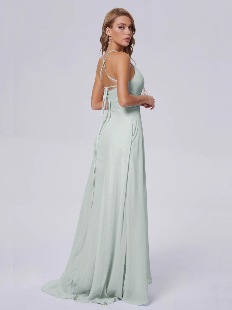 Robe Demoiselle D Honneur Vert Celadon Bretelles Spaghetti Fendue Mousseline Robes Demoiselle D'Honneur