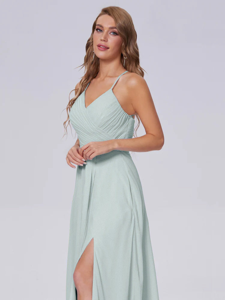 Robe Demoiselle D Honneur Vert Celadon Bretelles Spaghetti Fendue Mousseline Robes Demoiselle D'Honneur