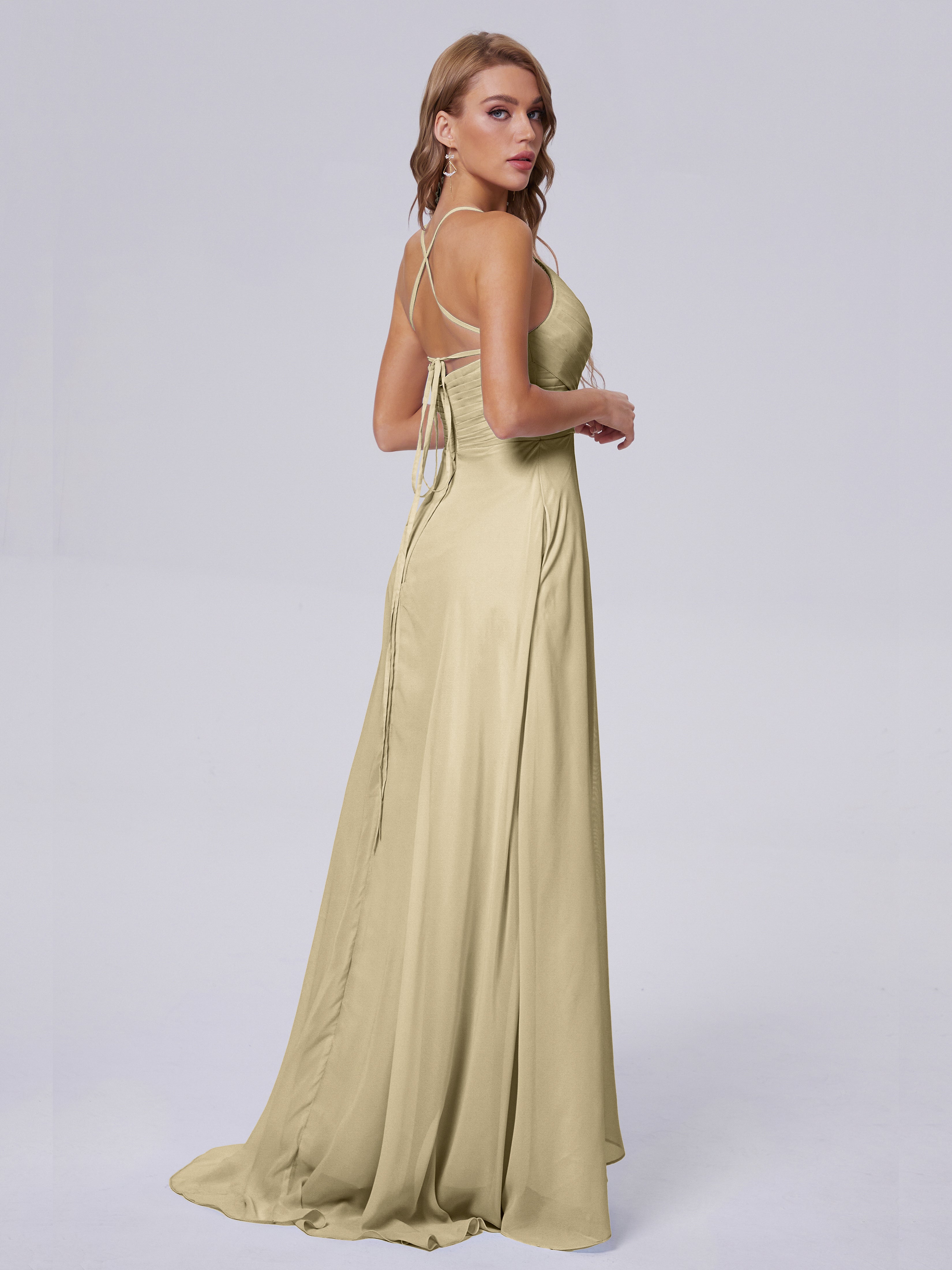 Robe De Demoiselle D Honneur Champagne Bretelles Spaghetti Fendue Mousseline Robes Demoiselle D'Honneur