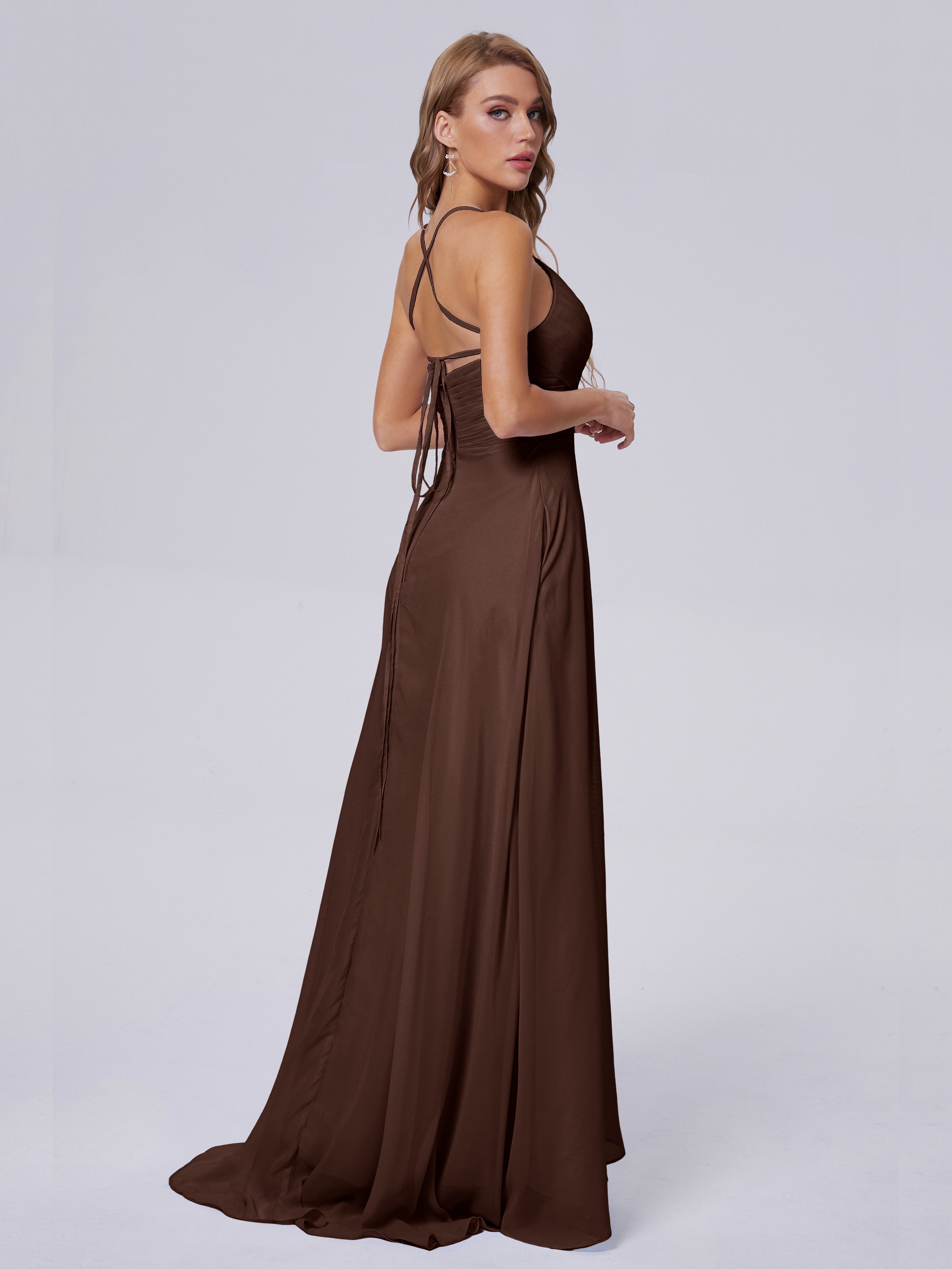 Robe Marron Chocolat Demoiselle D Honneur Bretelles Spaghetti Fendue Mousseline Robes Demoiselle D'Honneur