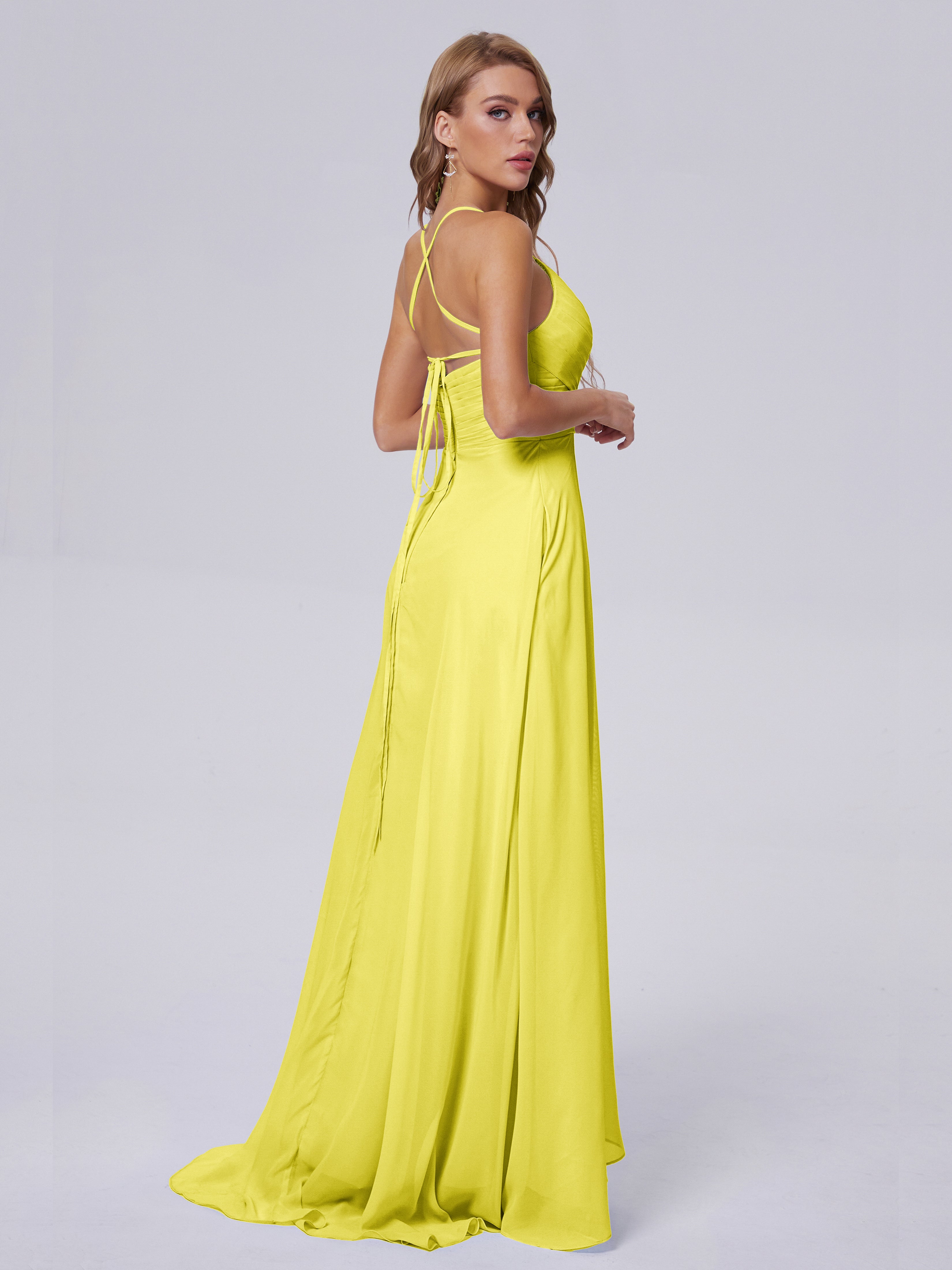 Robe Demoiselle D Honneur Jaune Citron Bretelles Spaghetti Fendue Mousseline Robes Demoiselle D'Honneur