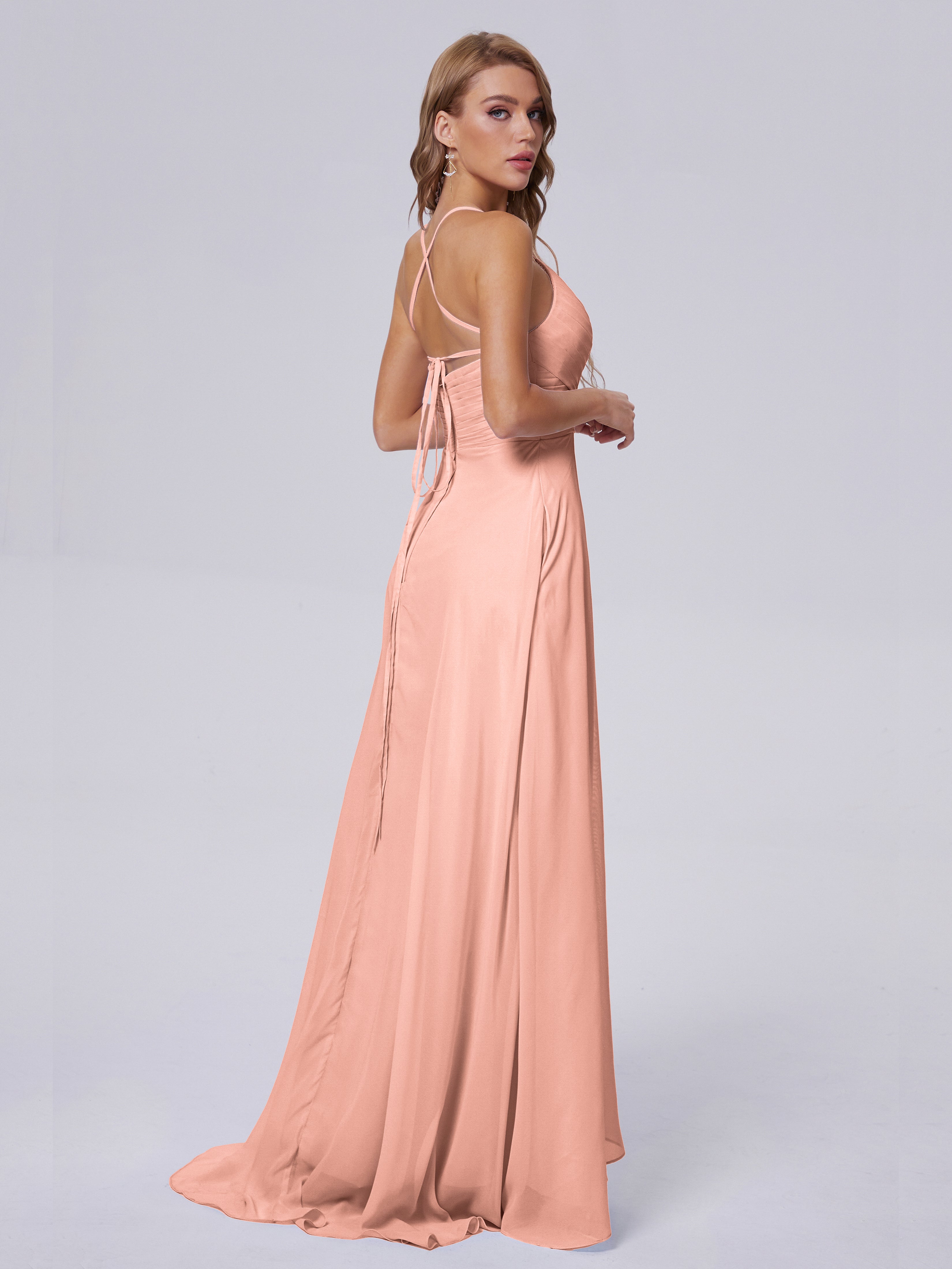 Robe Demoiselle D Honneur Couleur Corail Bretelles Spaghetti Fendue Mousseline Robes Demoiselle D'Honneur