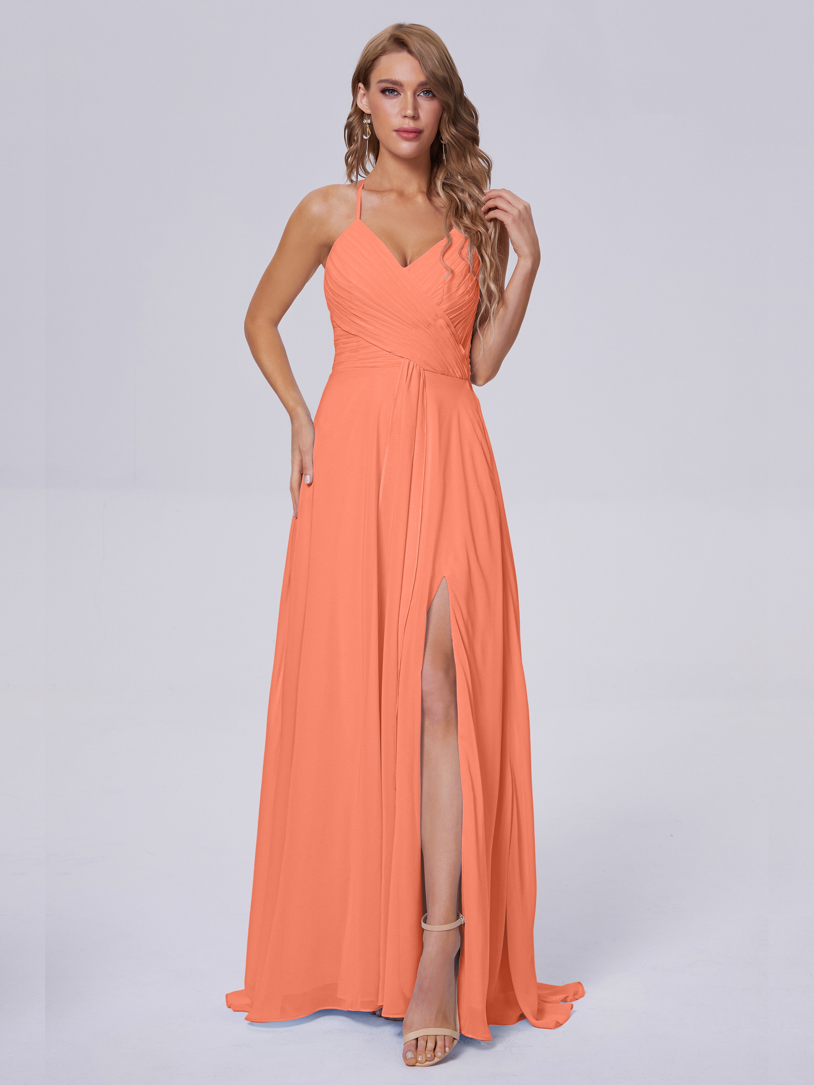 Robes De Demoiselle D'Honneur Coucher De Soleil Bretelles Spaghetti Fendue Mousseline Robes Demoiselle D'Honneur