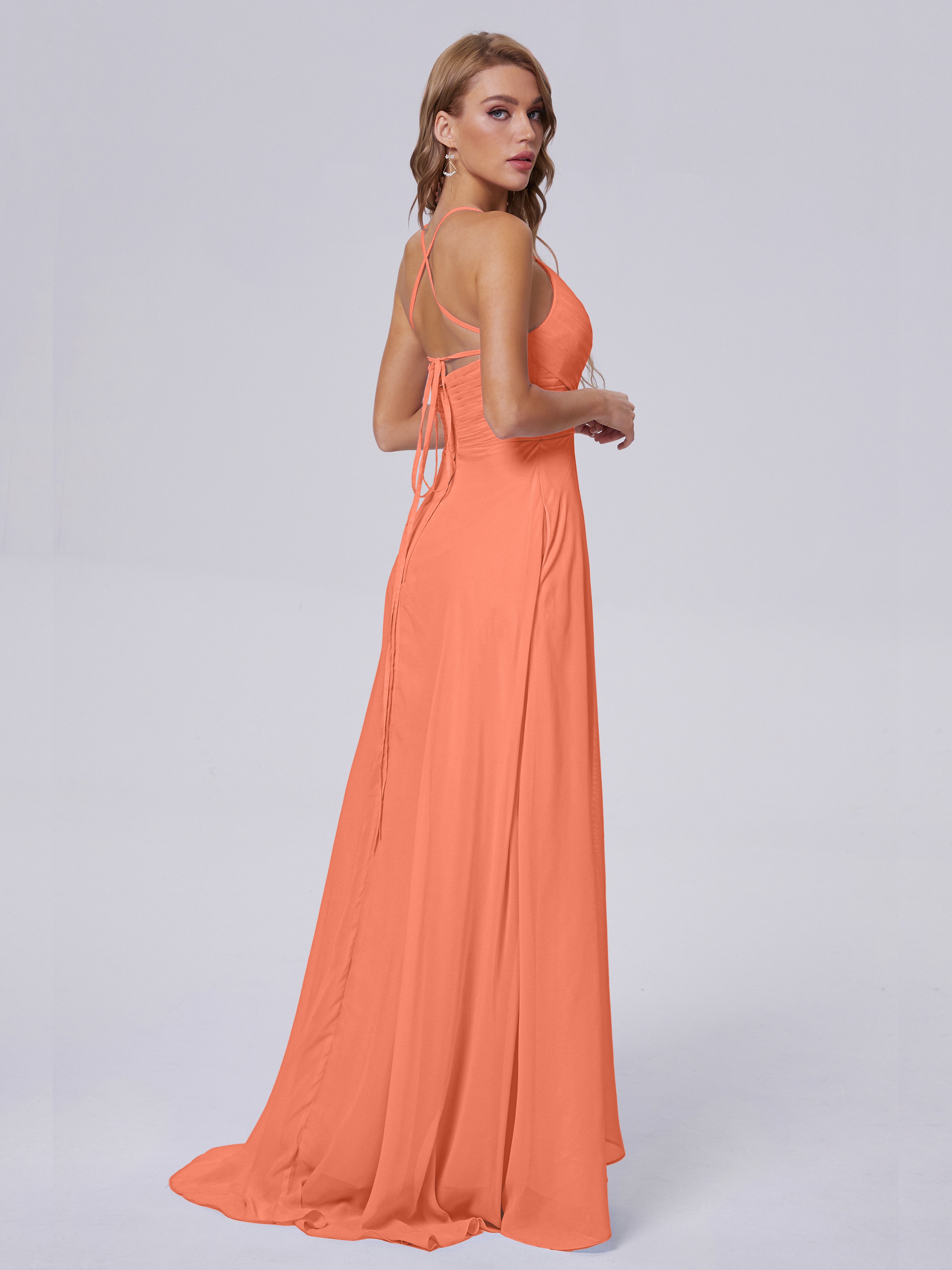 Robes De Demoiselle D'Honneur Coucher De Soleil Bretelles Spaghetti Fendue Mousseline Robes Demoiselle D'Honneur