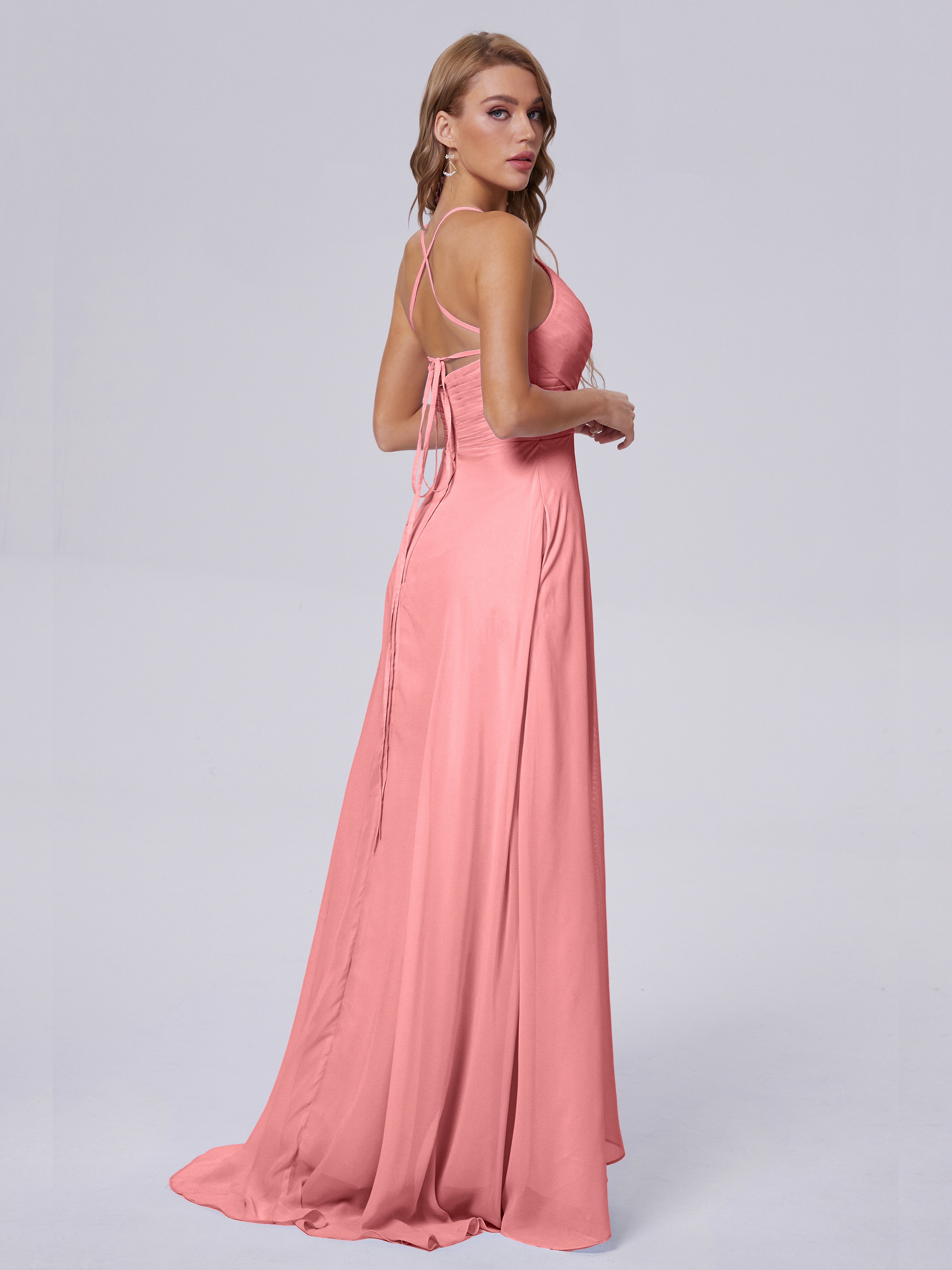 Robes De Demoiselle D'Honneur En Flamant Bretelles Spaghetti Fendue Mousseline Robes Demoiselle D'Honneur