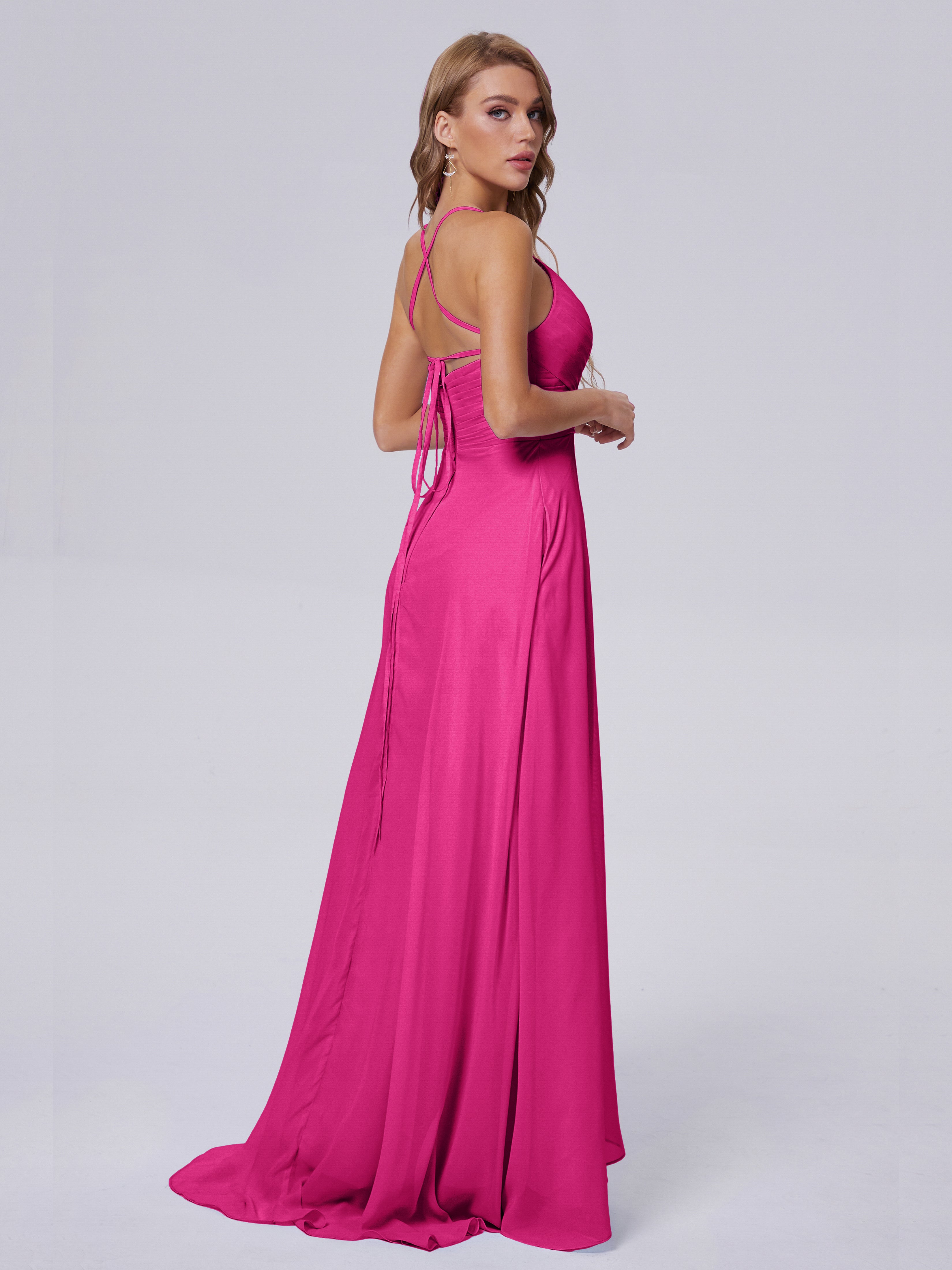 Robe Rose Fuchsia Demoiselle D Honneur Bretelles Spaghetti Fendue Mousseline Robes Demoiselle D'Honneur