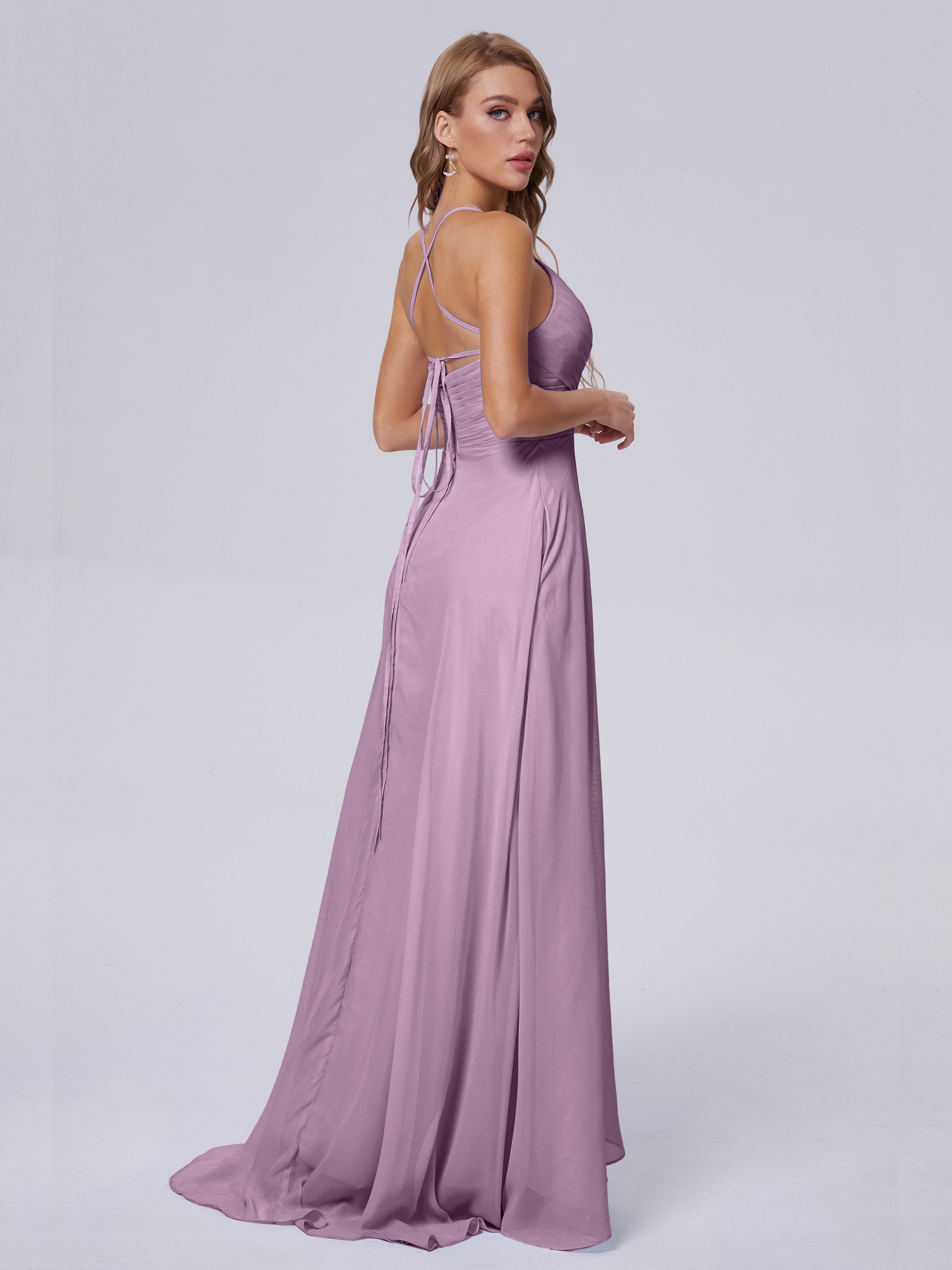 Robes De Demoiselle D'Honneur Glycine Bretelles Spaghetti Fendue Mousseline Robes Demoiselle D'Honneur