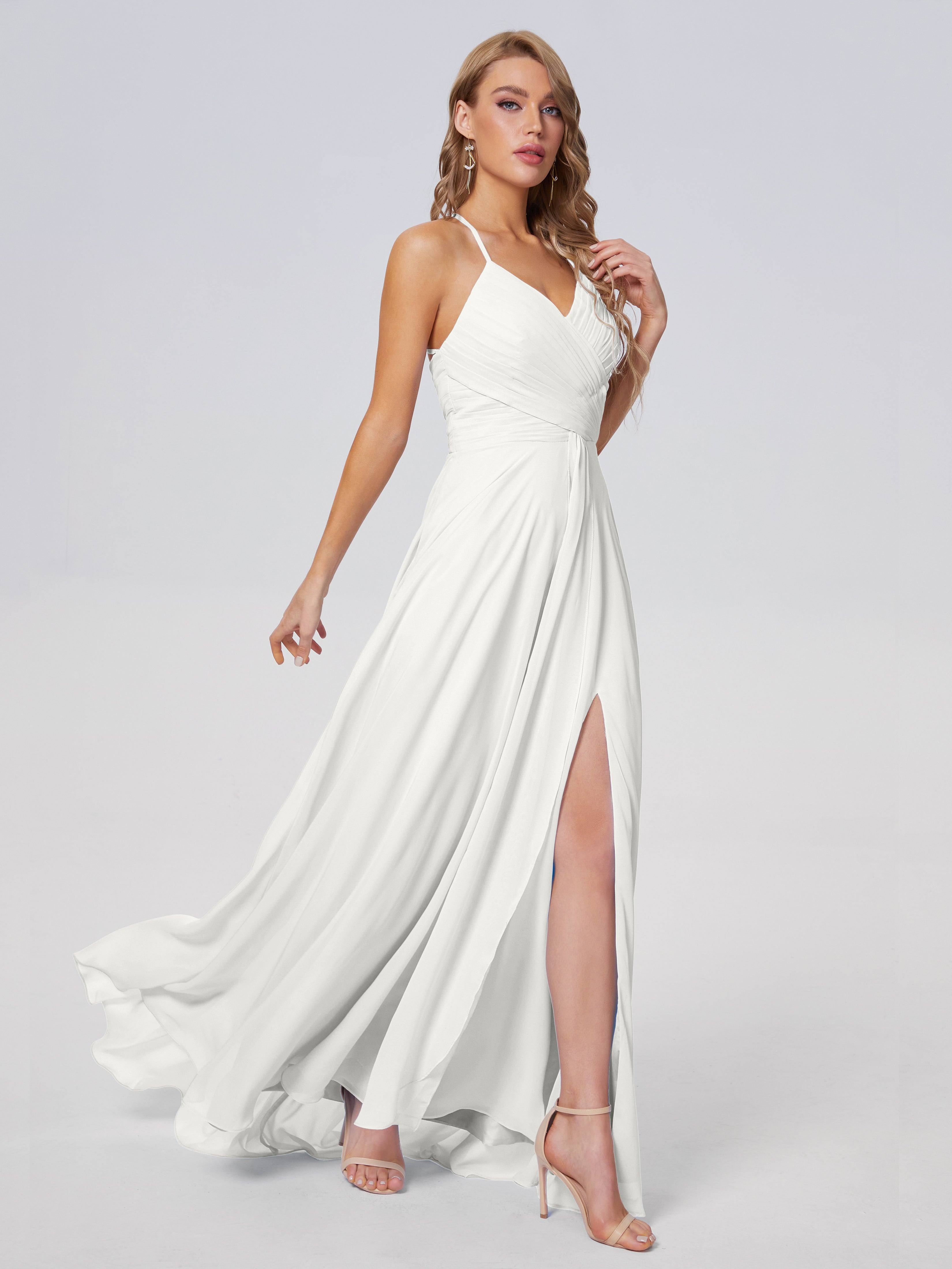 Robe Demoiselle D Honneur Ivoire Bretelles Spaghetti Fendue Mousseline Robes Demoiselle D'Honneur