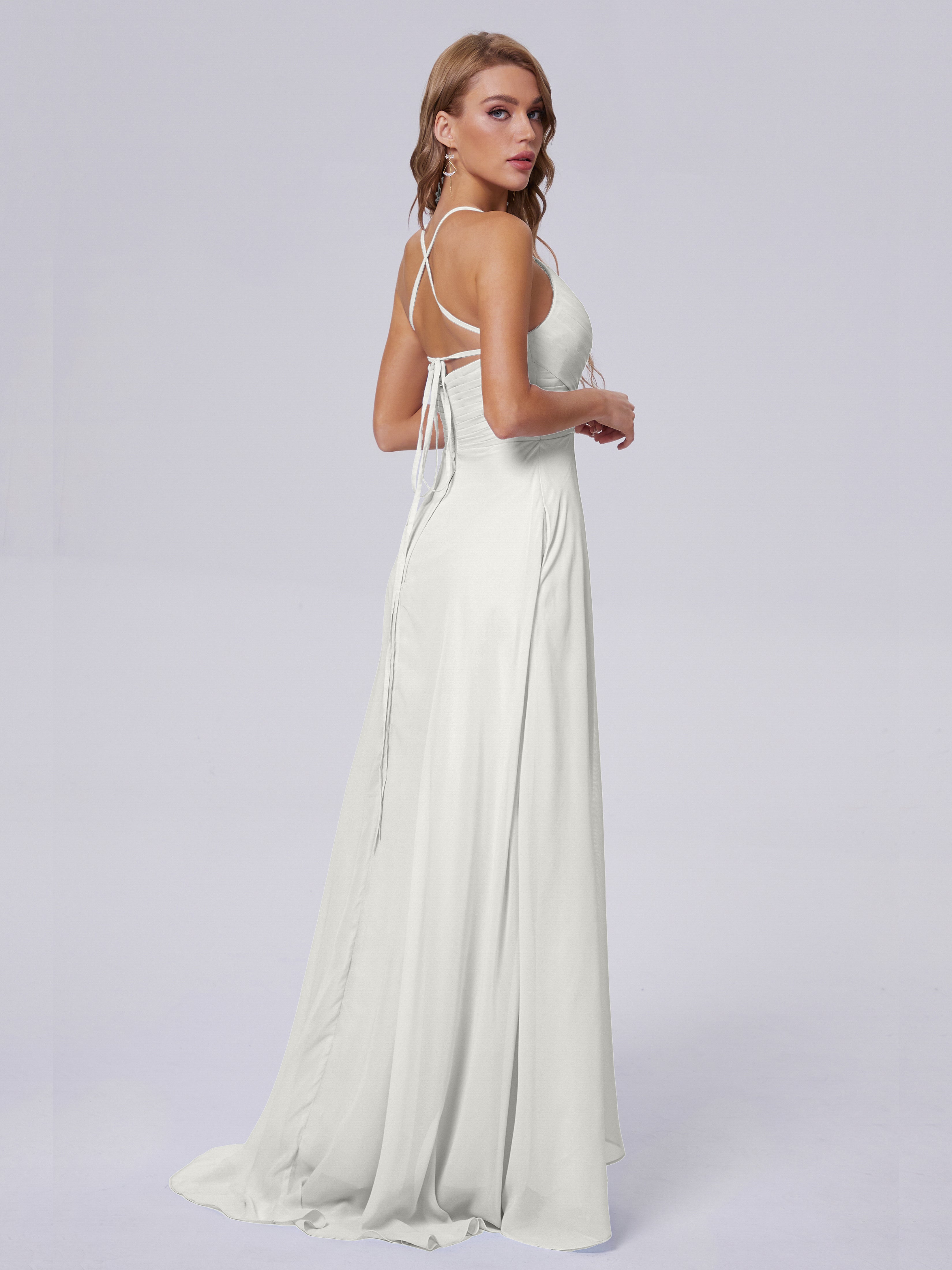 Robe Demoiselle D Honneur Ivoire Bretelles Spaghetti Fendue Mousseline Robes Demoiselle D'Honneur