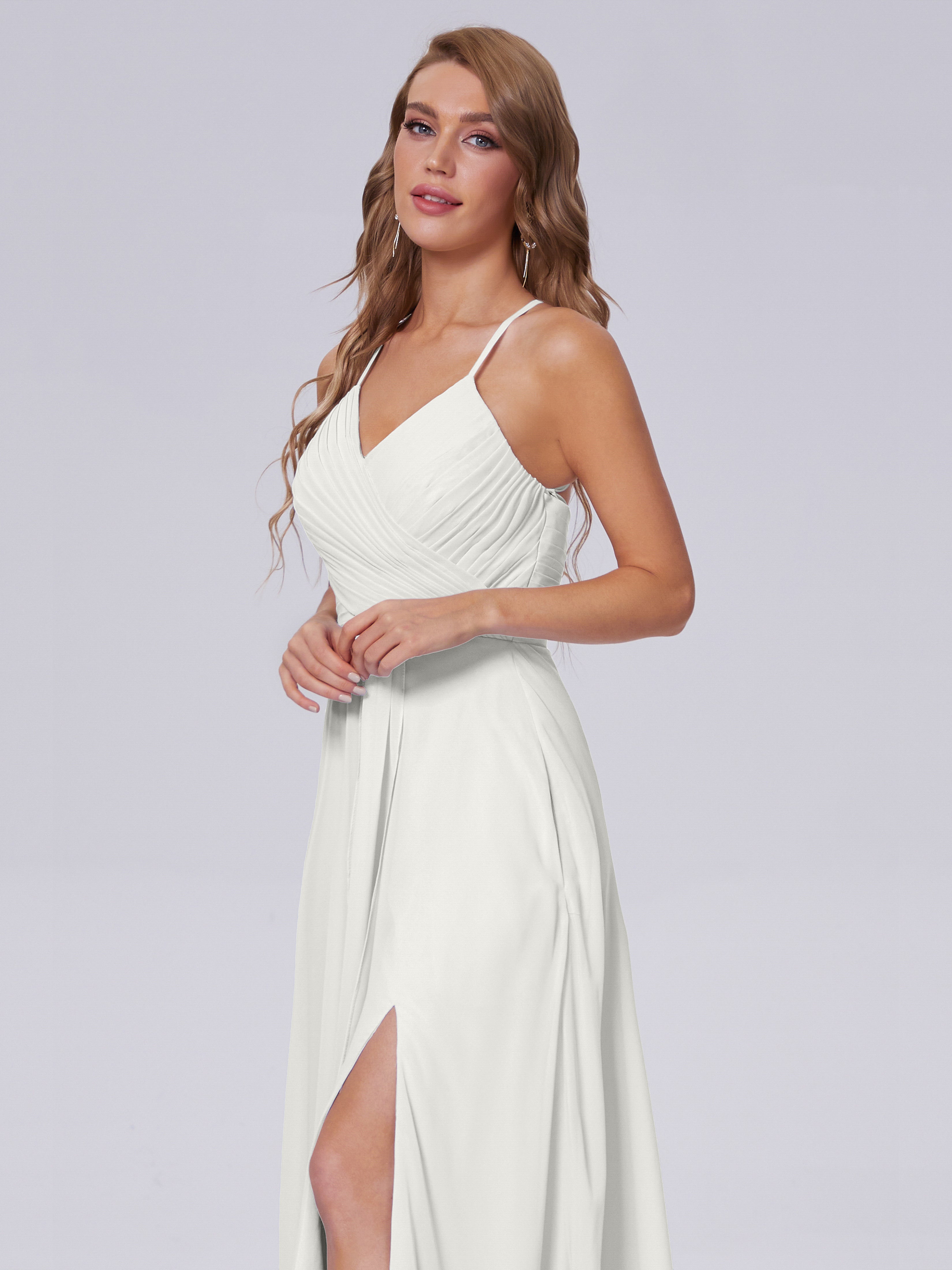 Robe Demoiselle D Honneur Ivoire Bretelles Spaghetti Fendue Mousseline Robes Demoiselle D'Honneur