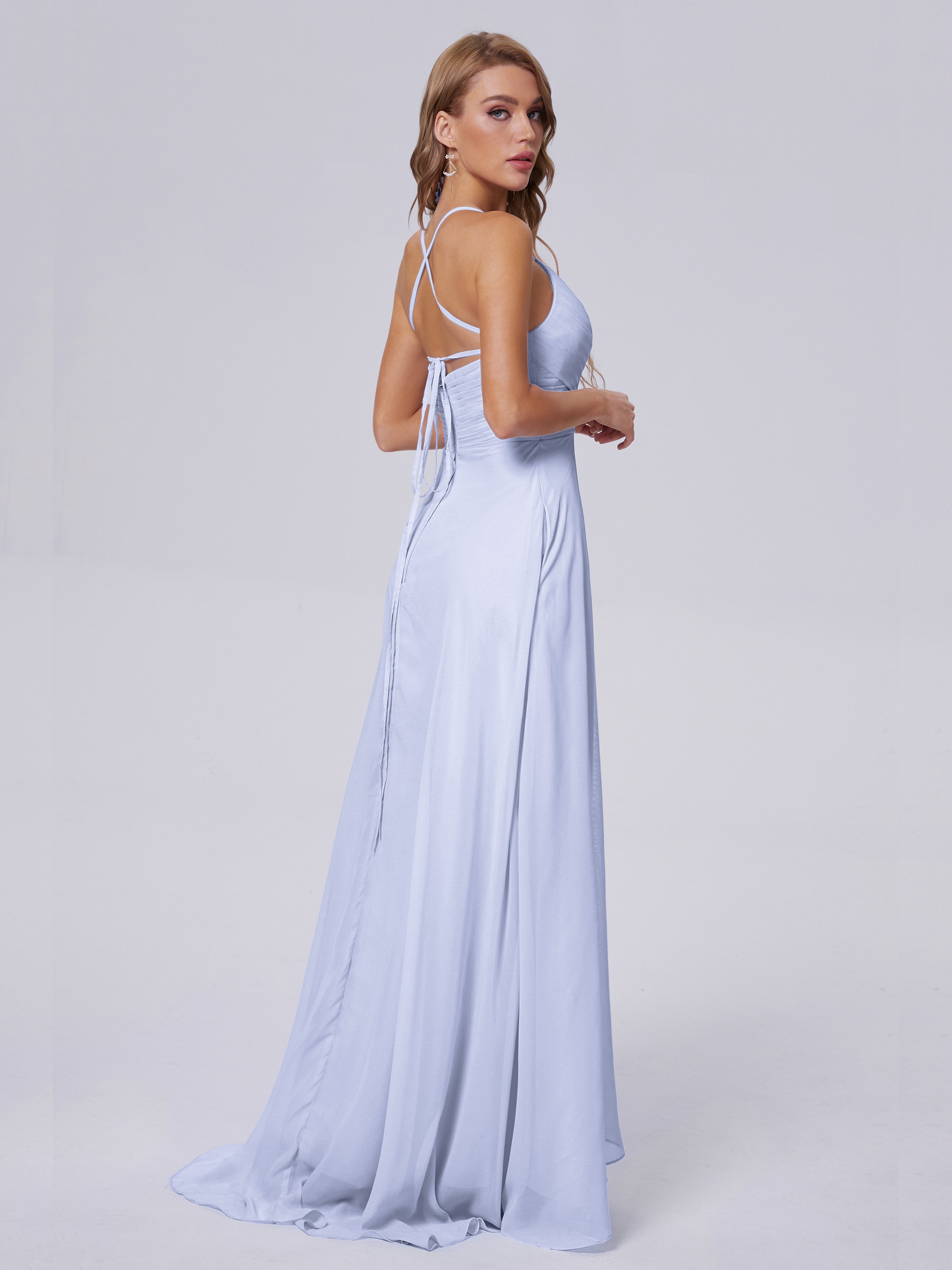 Robes De Demoiselle D'Honneur Lavande Bretelles Spaghetti Fendue Mousseline Robes Demoiselle D'Honneur