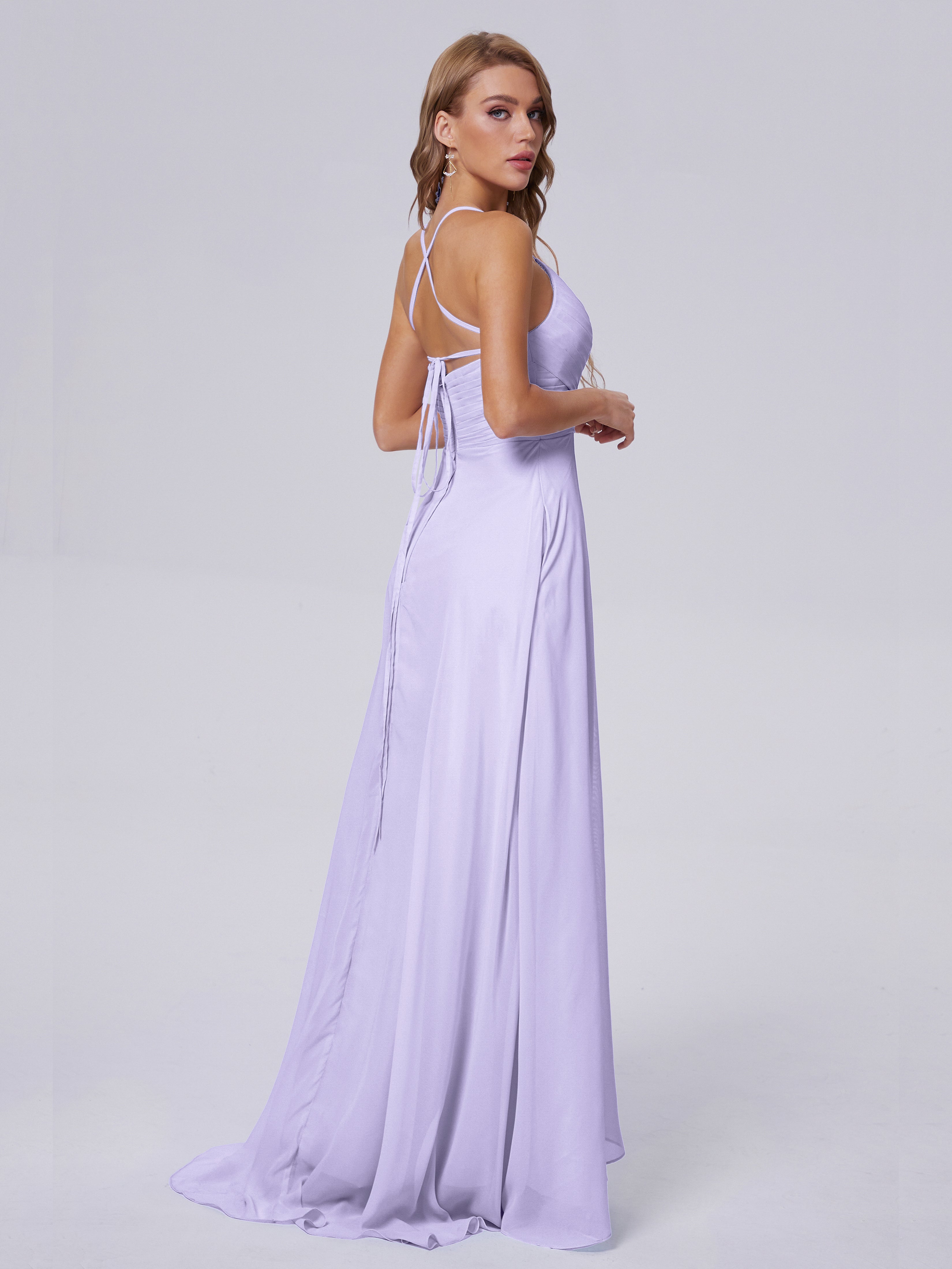 Robe De Demoiselle D Honneur Lilas Bretelles Spaghetti Fendue Mousseline Robes Demoiselle D'Honneur