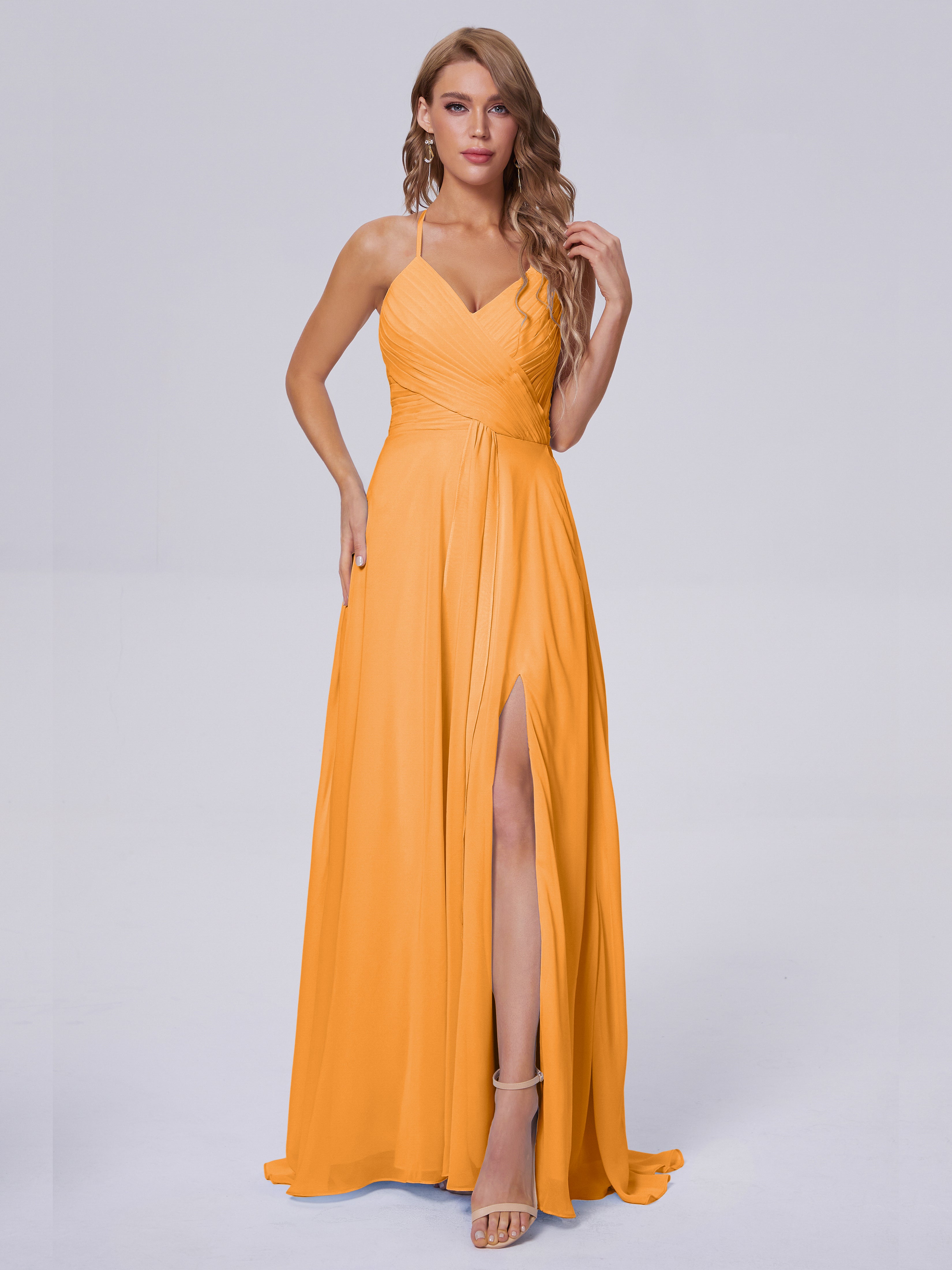 Robes De Demoiselle D'Honneur Mandarine Bretelles Spaghetti Fendue Mousseline Robes Demoiselle D'Honneur