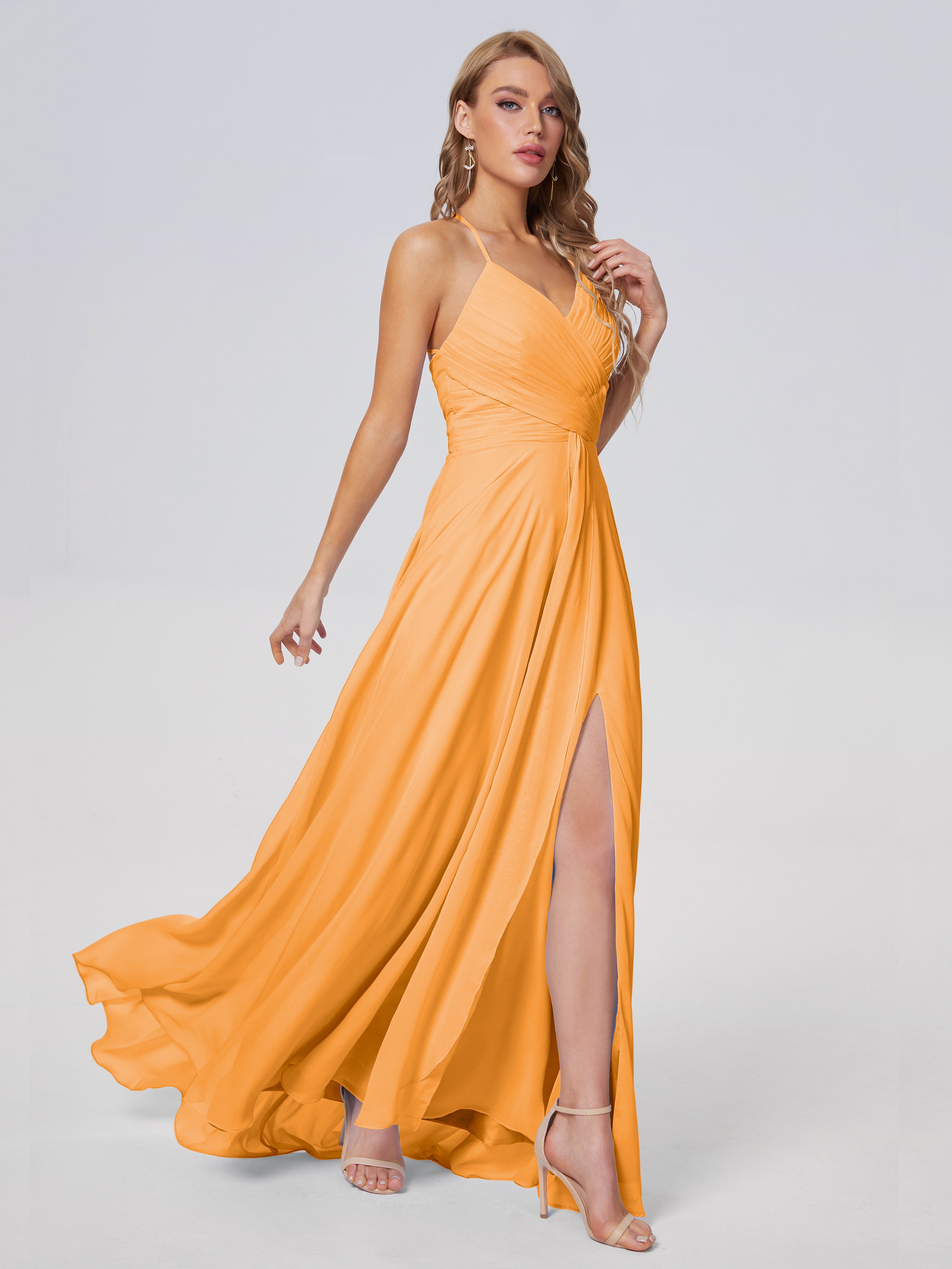 Robes De Demoiselle D'Honneur Mandarine Bretelles Spaghetti Fendue Mousseline Robes Demoiselle D'Honneur