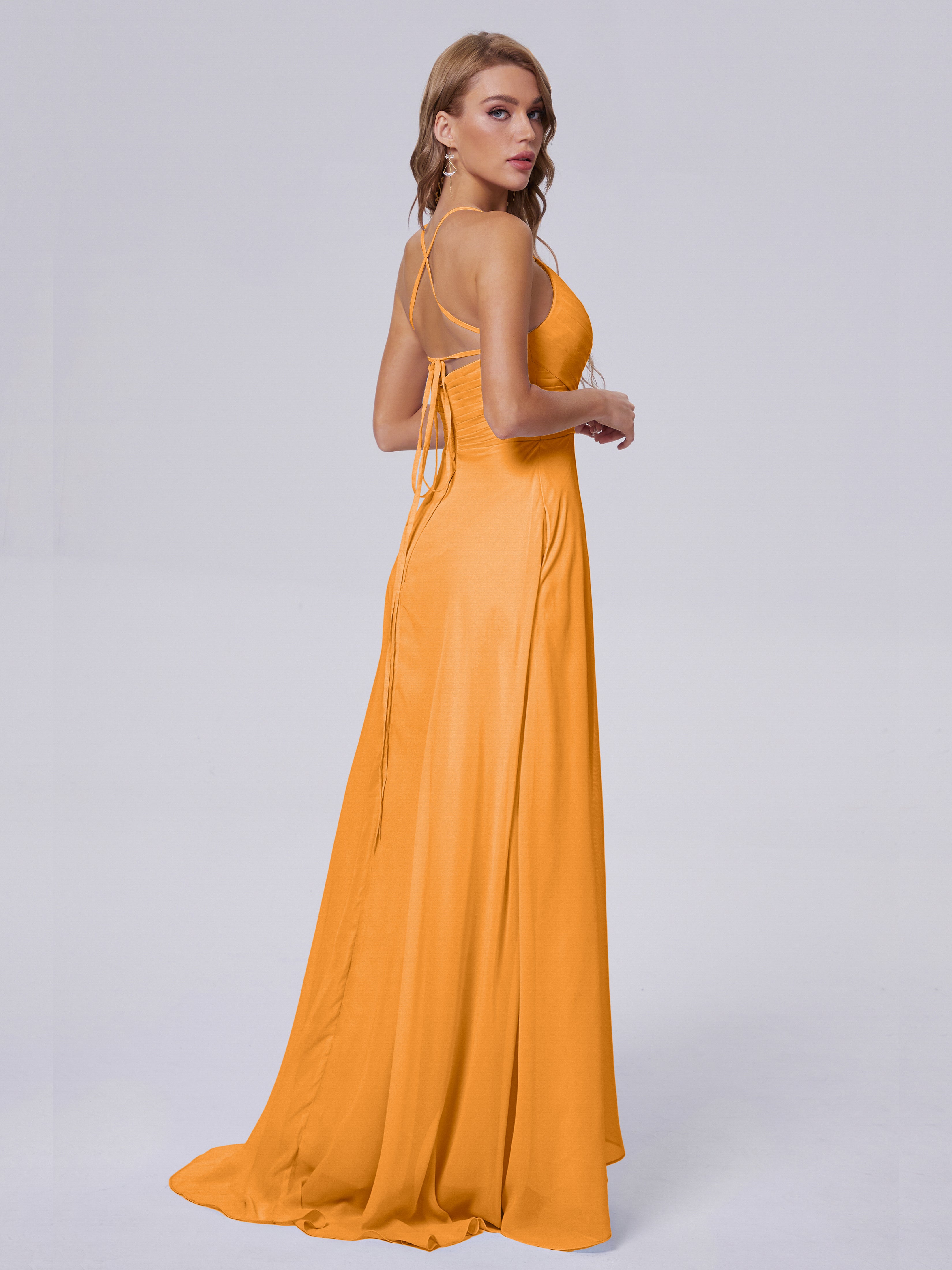 Robes De Demoiselle D'Honneur Mandarine Bretelles Spaghetti Fendue Mousseline Robes Demoiselle D'Honneur