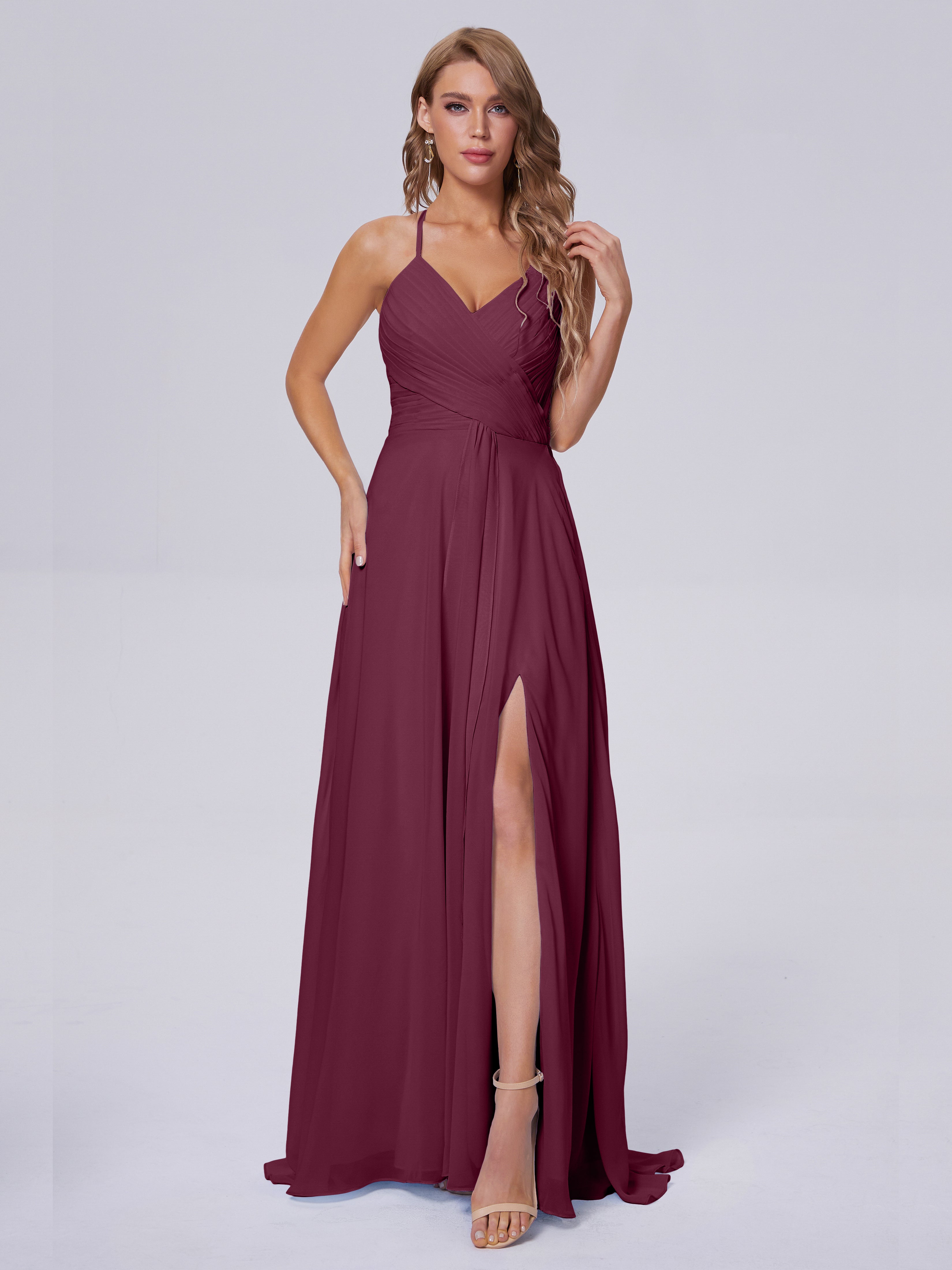 Robes De Demoiselle D'Honneur Mure Bretelles Spaghetti Fendue Mousseline Robes Demoiselle D'Honneur