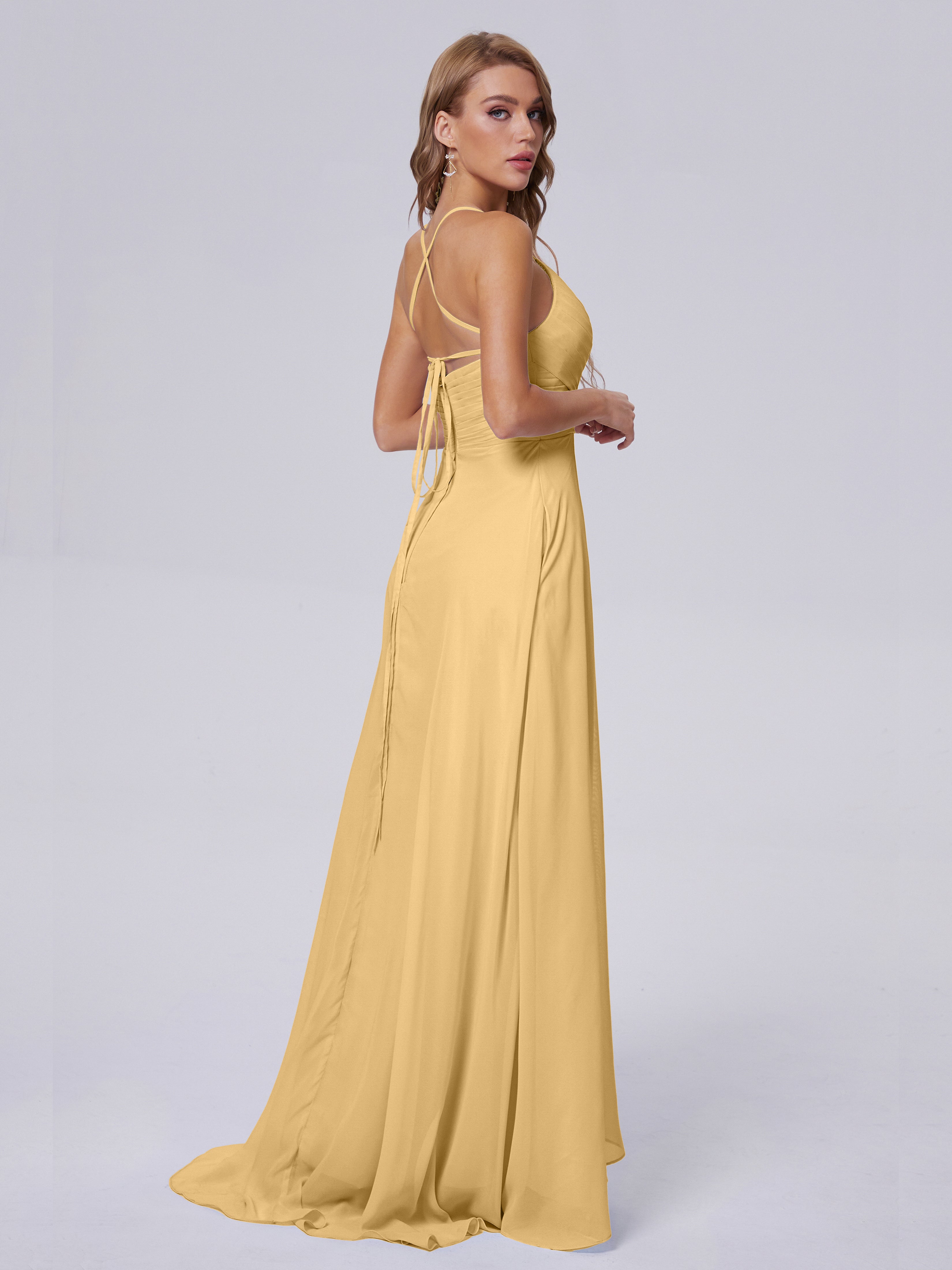 Robe Or Demoiselle D Honneur Bretelles Spaghetti Fendue Mousseline Robes Demoiselle D'Honneur