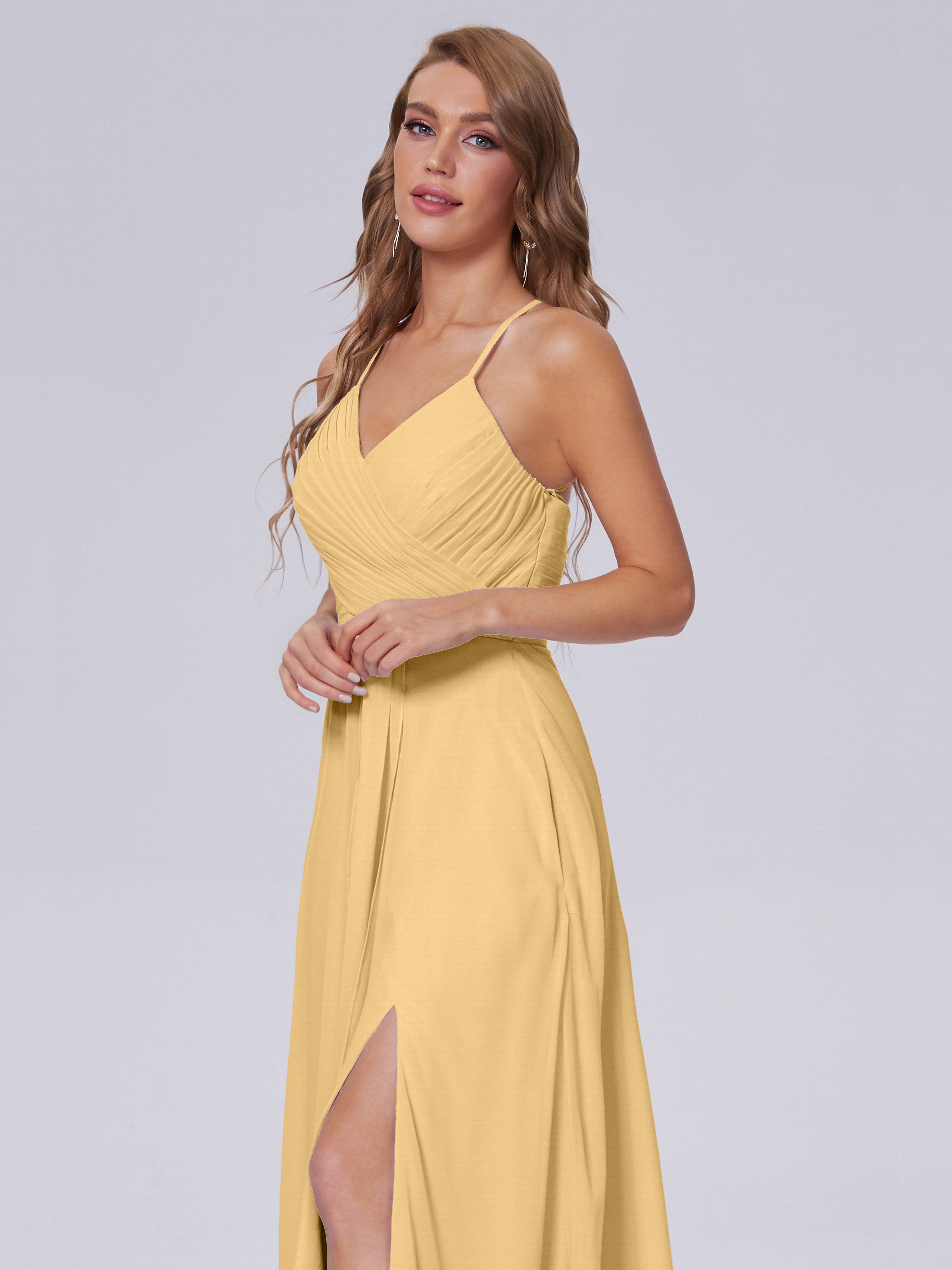 Robe Or Demoiselle D Honneur Bretelles Spaghetti Fendue Mousseline Robes Demoiselle D'Honneur