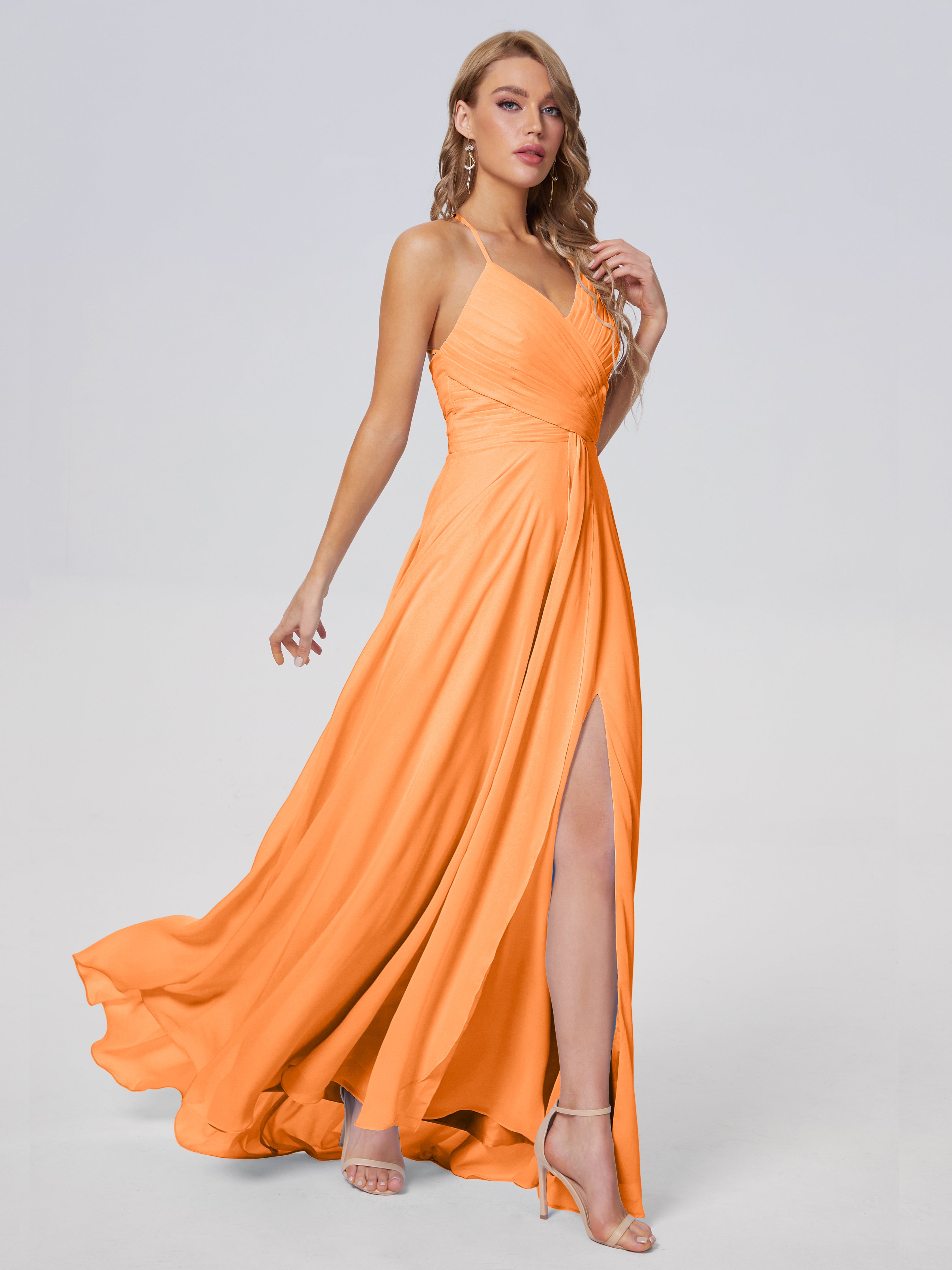 Robe Demoiselle Dhonneur Orange Bretelles Spaghetti Fendue Mousseline Robes Demoiselle D'Honneur