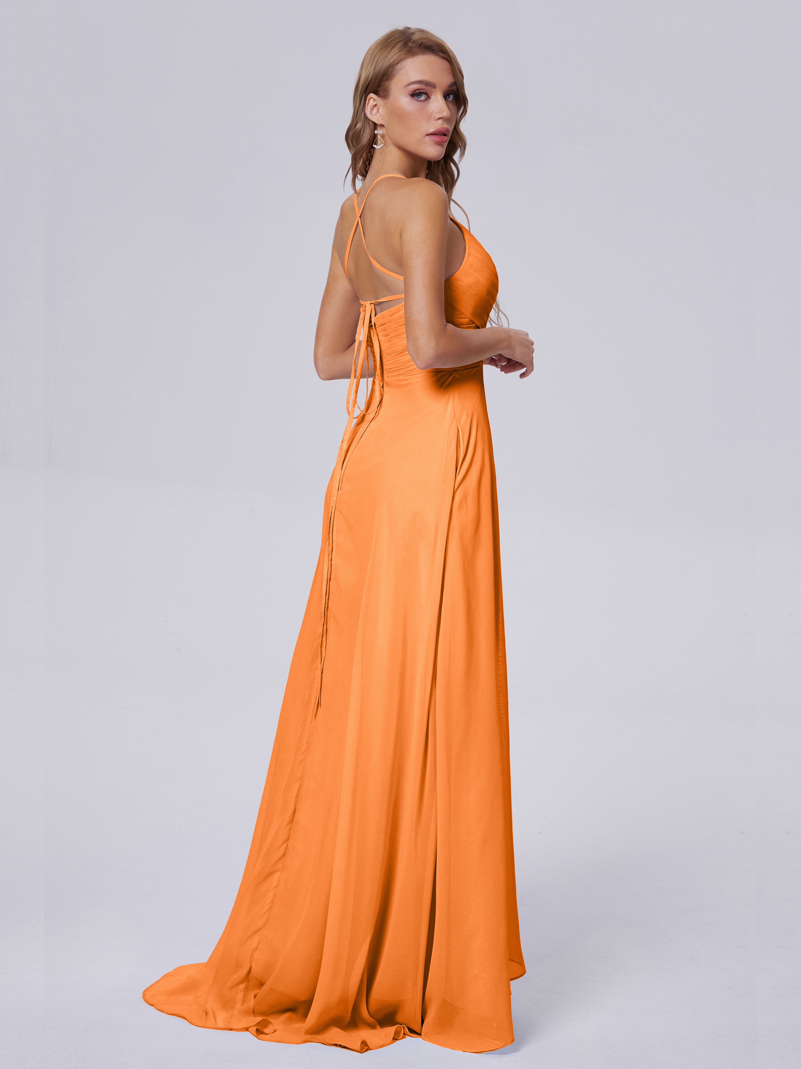 Robe Demoiselle Dhonneur Orange Bretelles Spaghetti Fendue Mousseline Robes Demoiselle D'Honneur