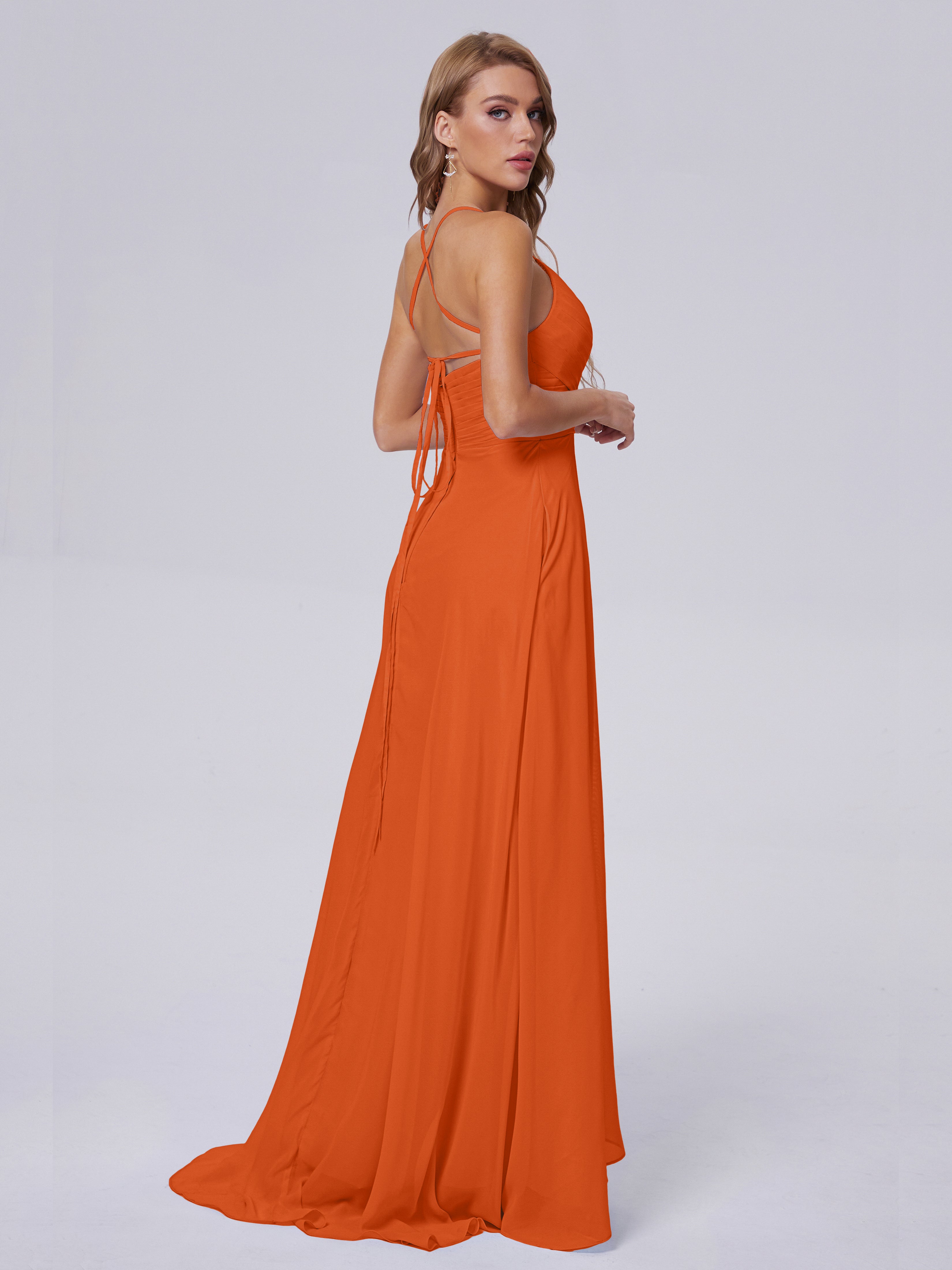 Robe Demoiselle D Honneur Orange Brulé Bretelles Spaghetti Fendue Mousseline Robes Demoiselle D'Honneur