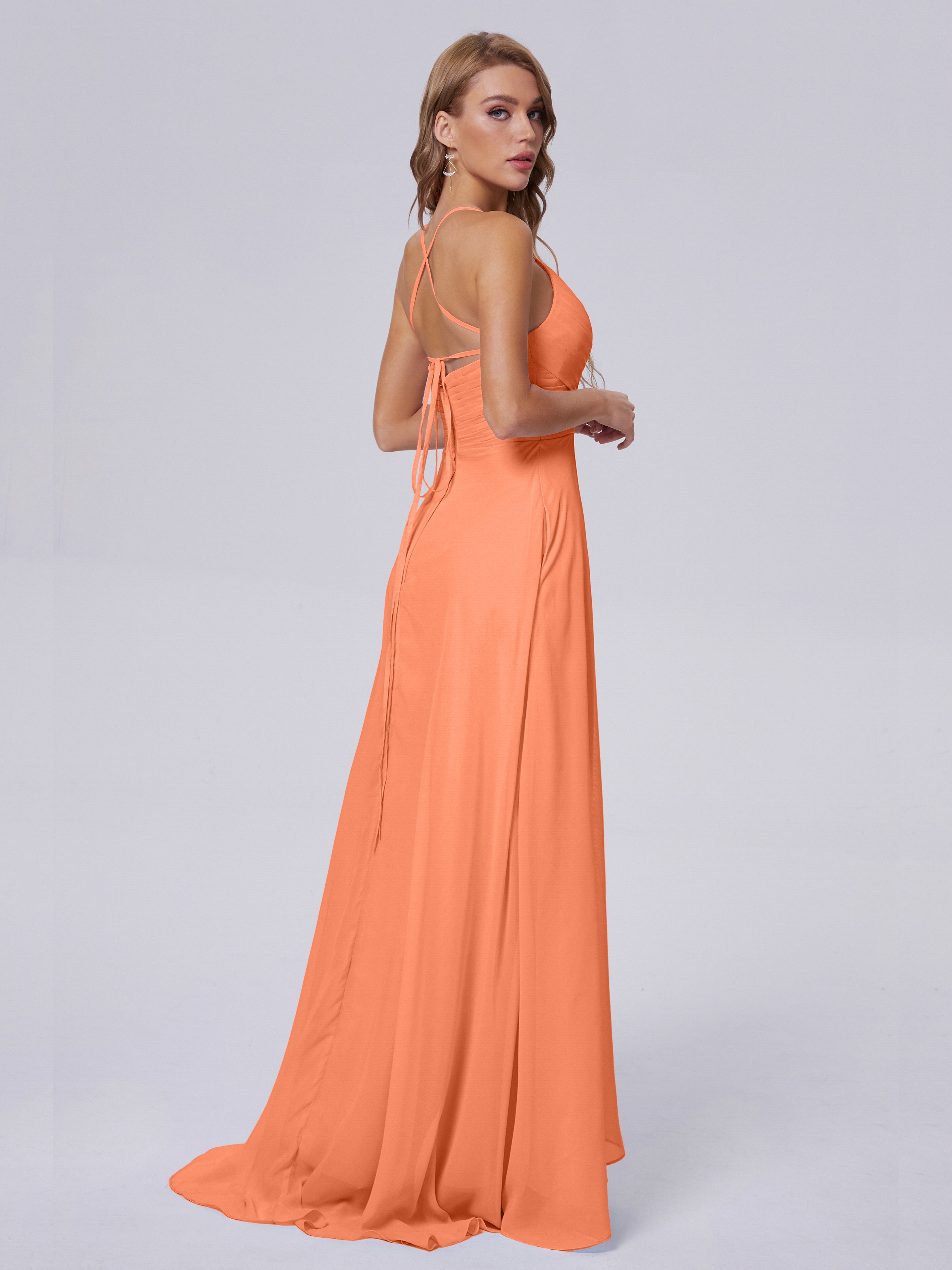 Robes De Demoiselle D'Honneur Papaye Bretelles Spaghetti Fendue Mousseline Robes Demoiselle D'Honneur