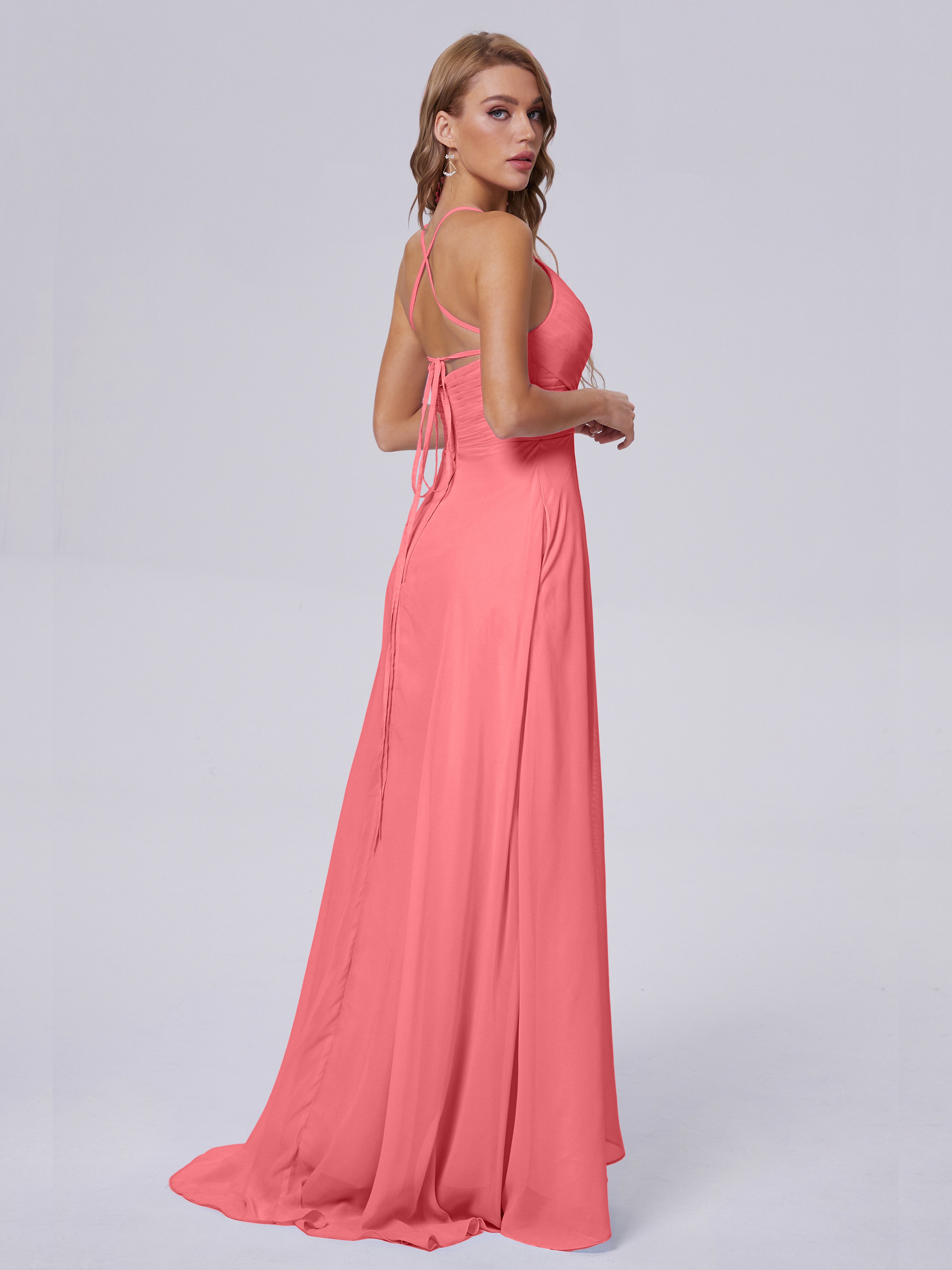 Robes De Demoiselle D'Honneur Pastèque Bretelles Spaghetti Fendue Mousseline Robes Demoiselle D'Honneur