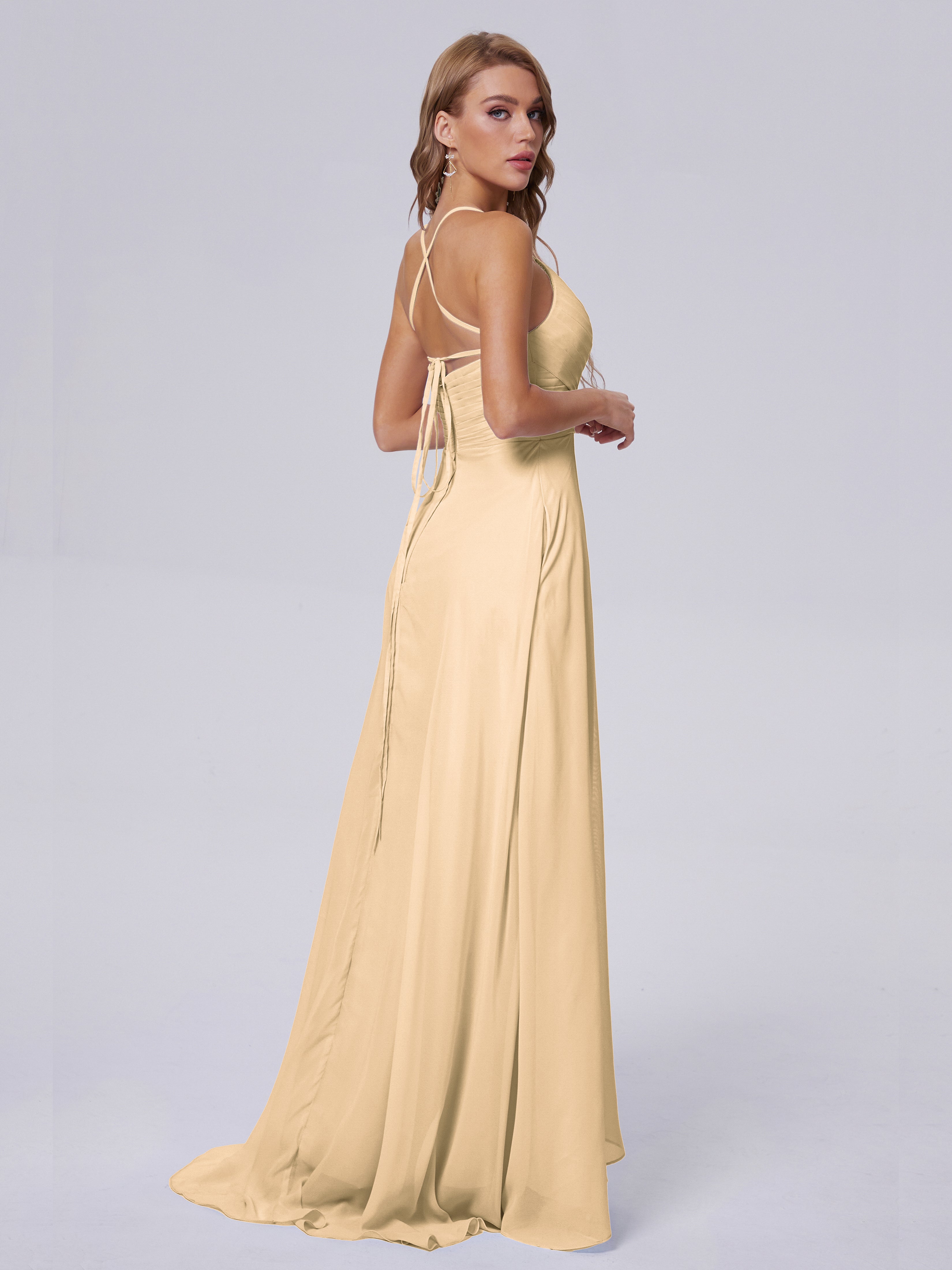 Robe Demoiselle D Honneur Pêche Bretelles Spaghetti Fendue Mousseline Robes Demoiselle D'Honneur