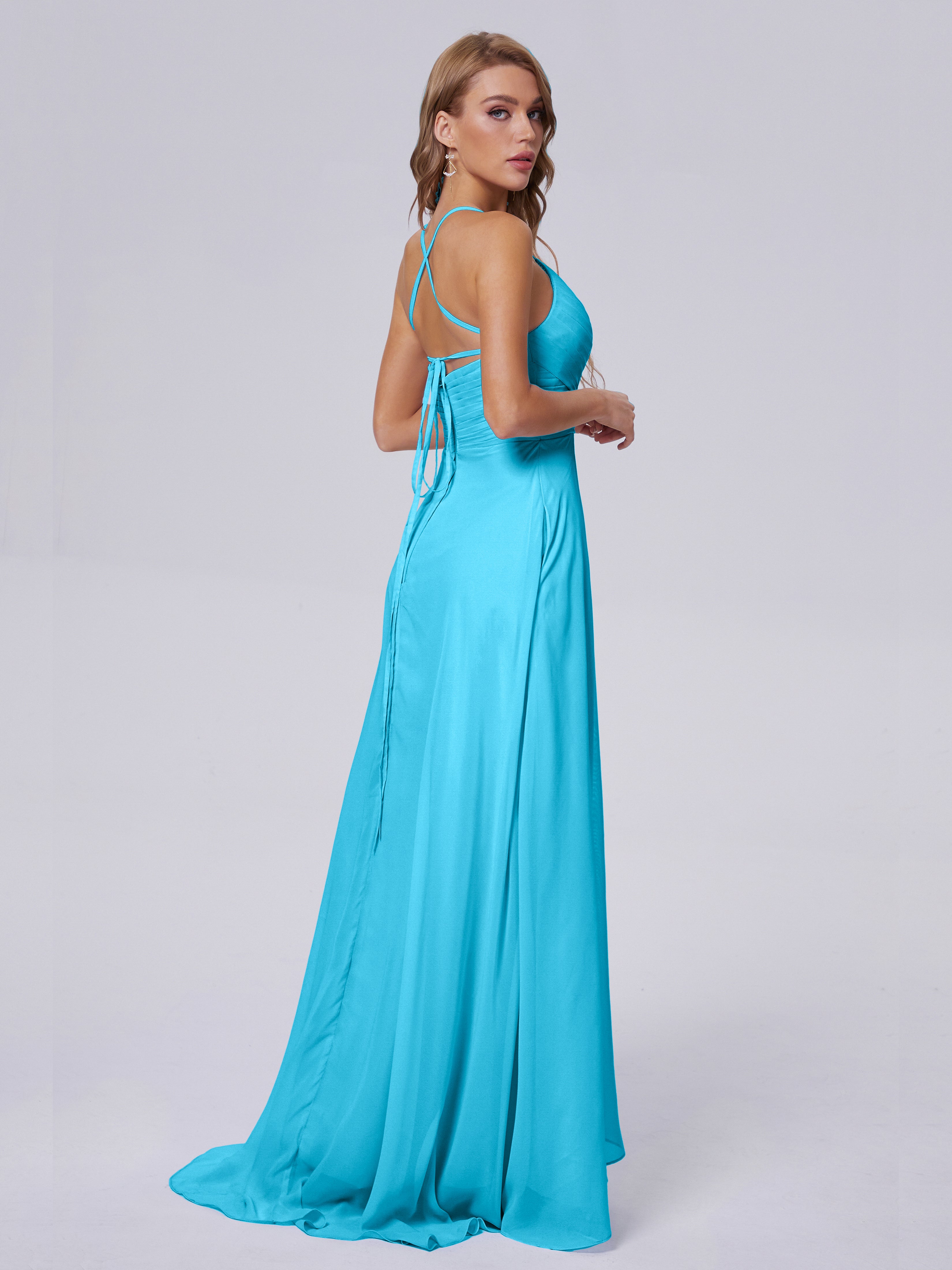 Robe De Demoiselle D'Honneur En Piscine Bretelles Spaghetti Fendue Mousseline Robes Demoiselle D'Honneur