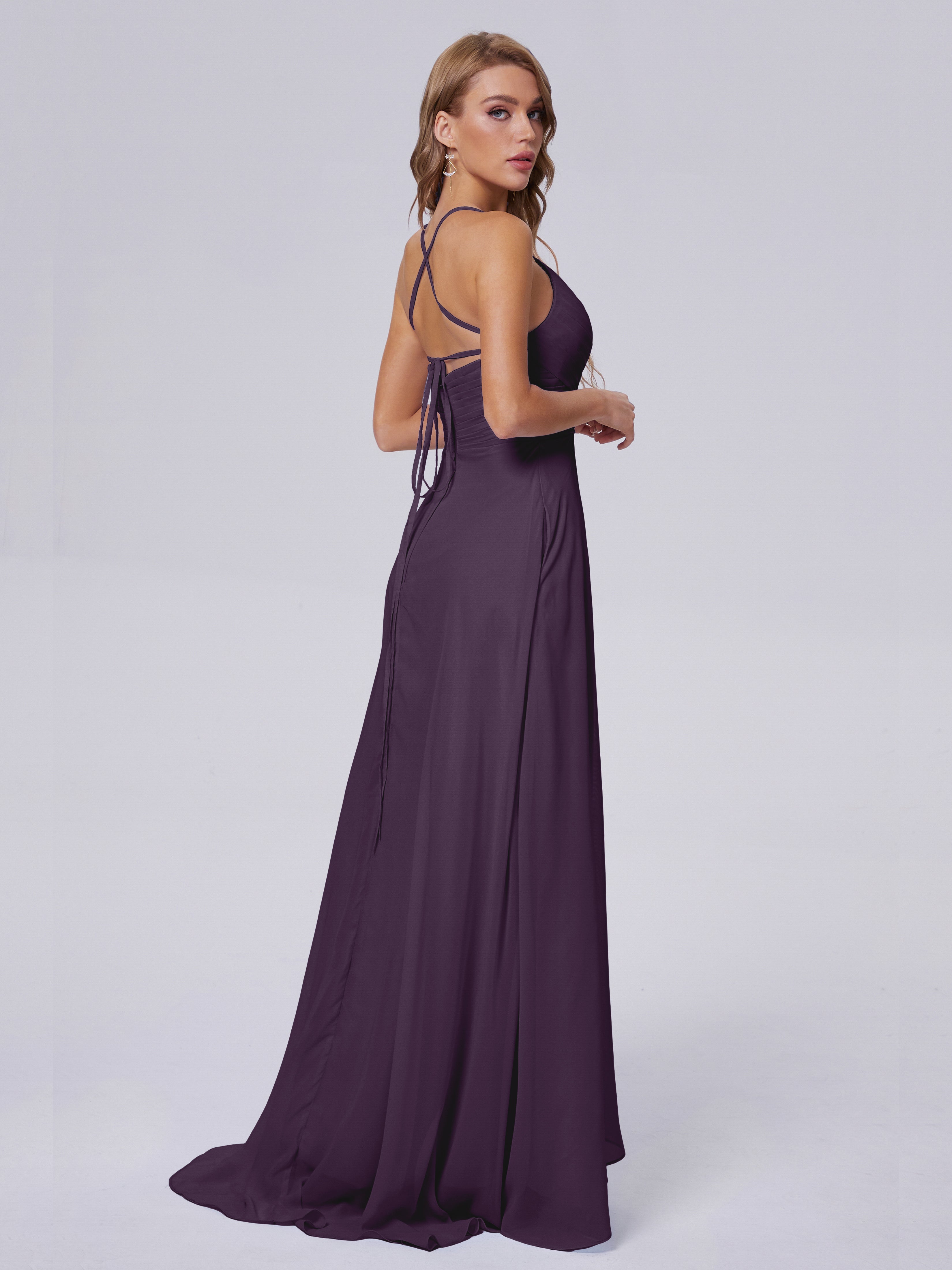 Robe Demoiselle D Honneur Plume Bretelles Spaghetti Fendue Mousseline Robes Demoiselle D'Honneur