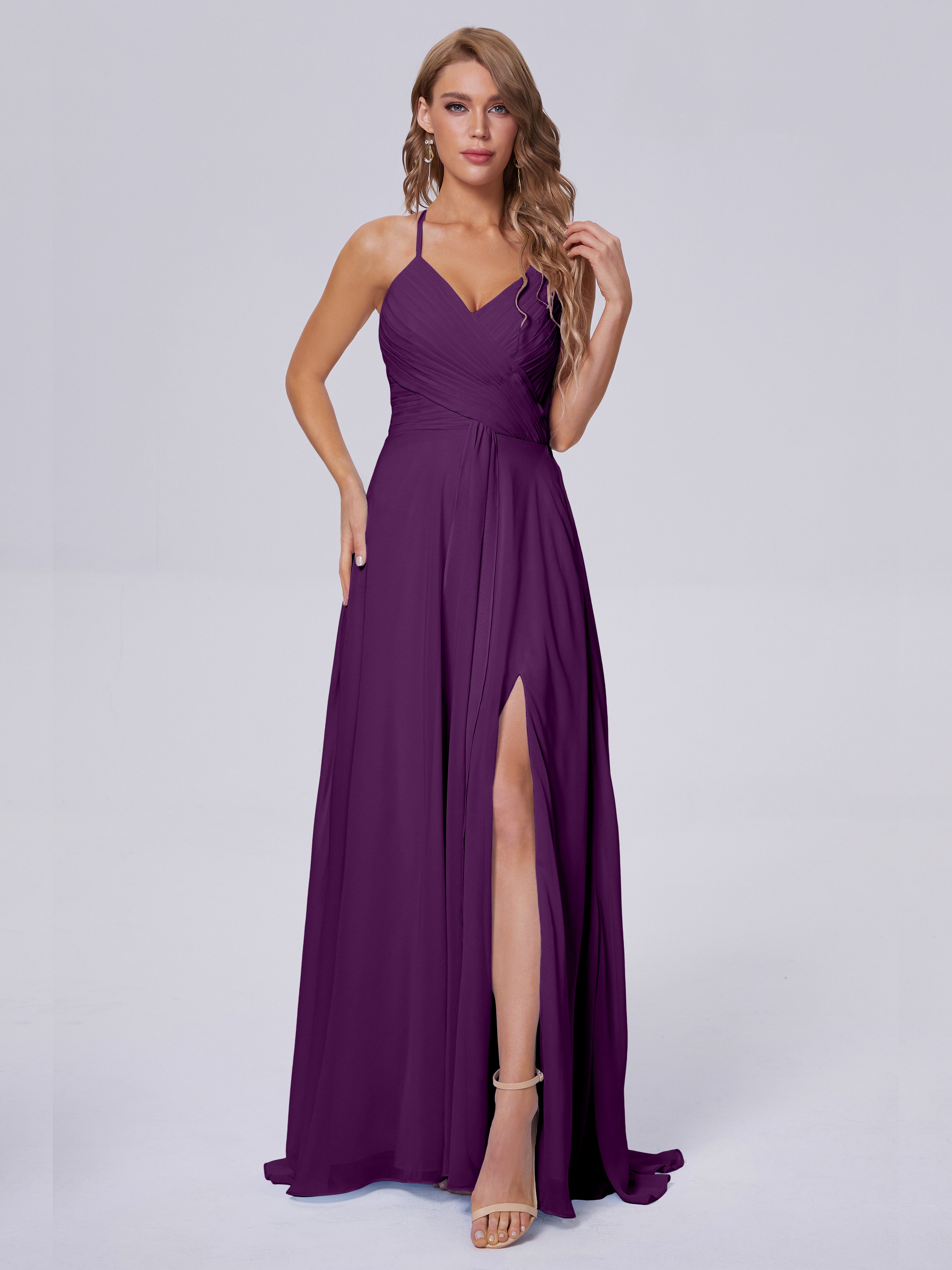 Robes De Demoiselle D'Honneur En Raisin Bretelles Spaghetti Fendue Mousseline Robes Demoiselle D'Honneur