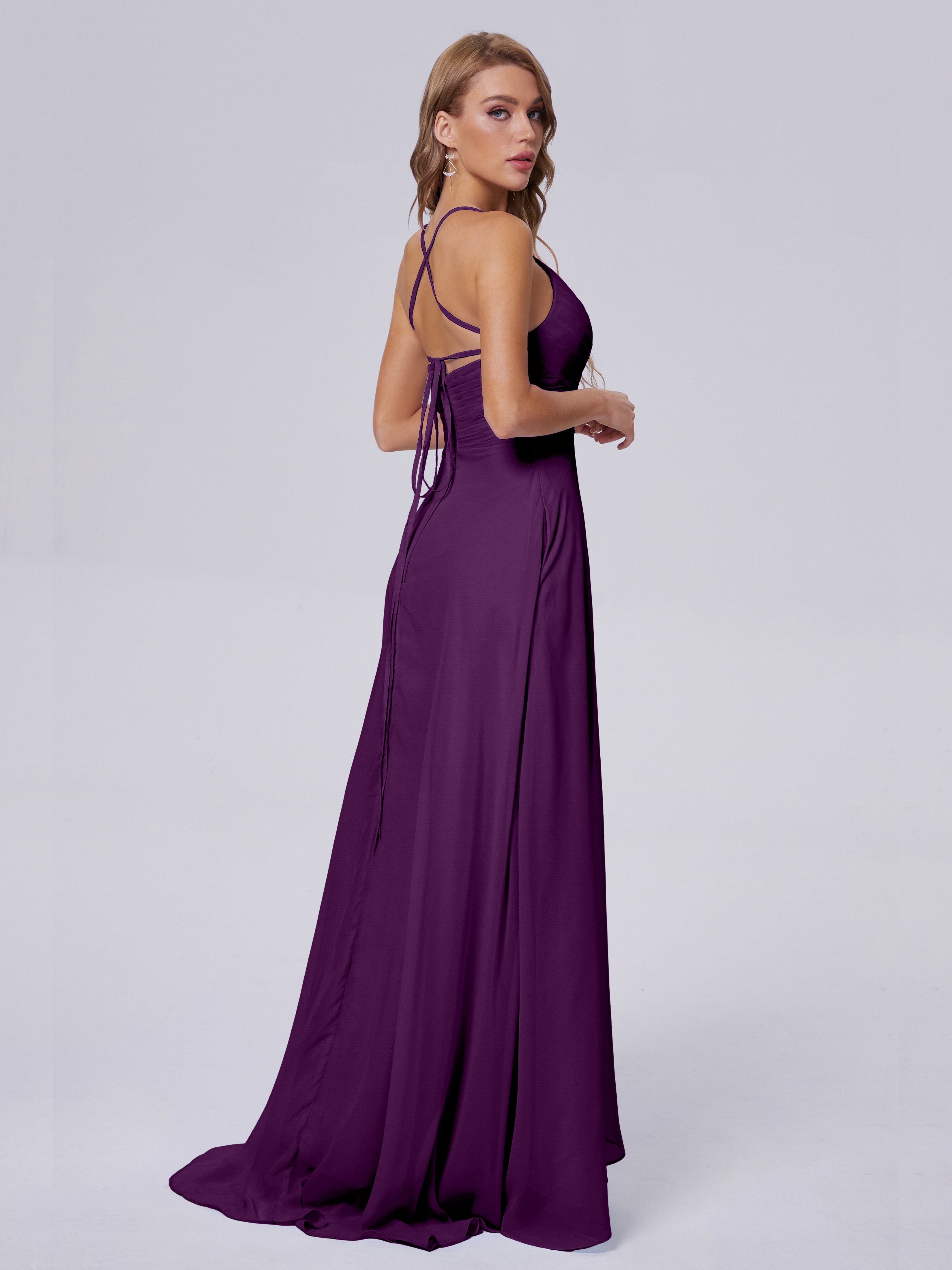 Robes De Demoiselle D'Honneur En Raisin Bretelles Spaghetti Fendue Mousseline Robes Demoiselle D'Honneur