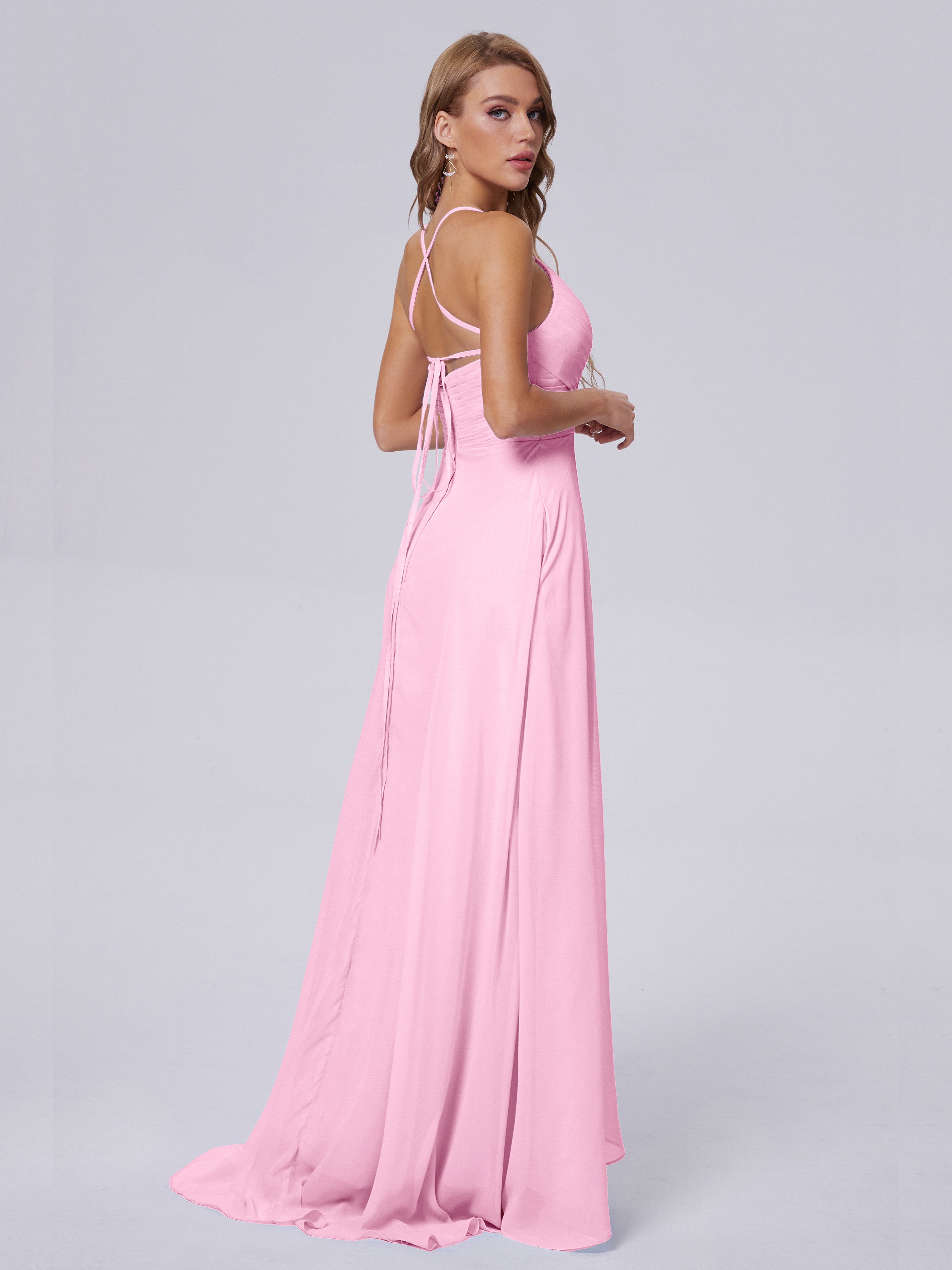 Robe Demoiselle D Honneur Rose Bonbon Bretelles Spaghetti Fendue Mousseline Robes Demoiselle D'Honneur