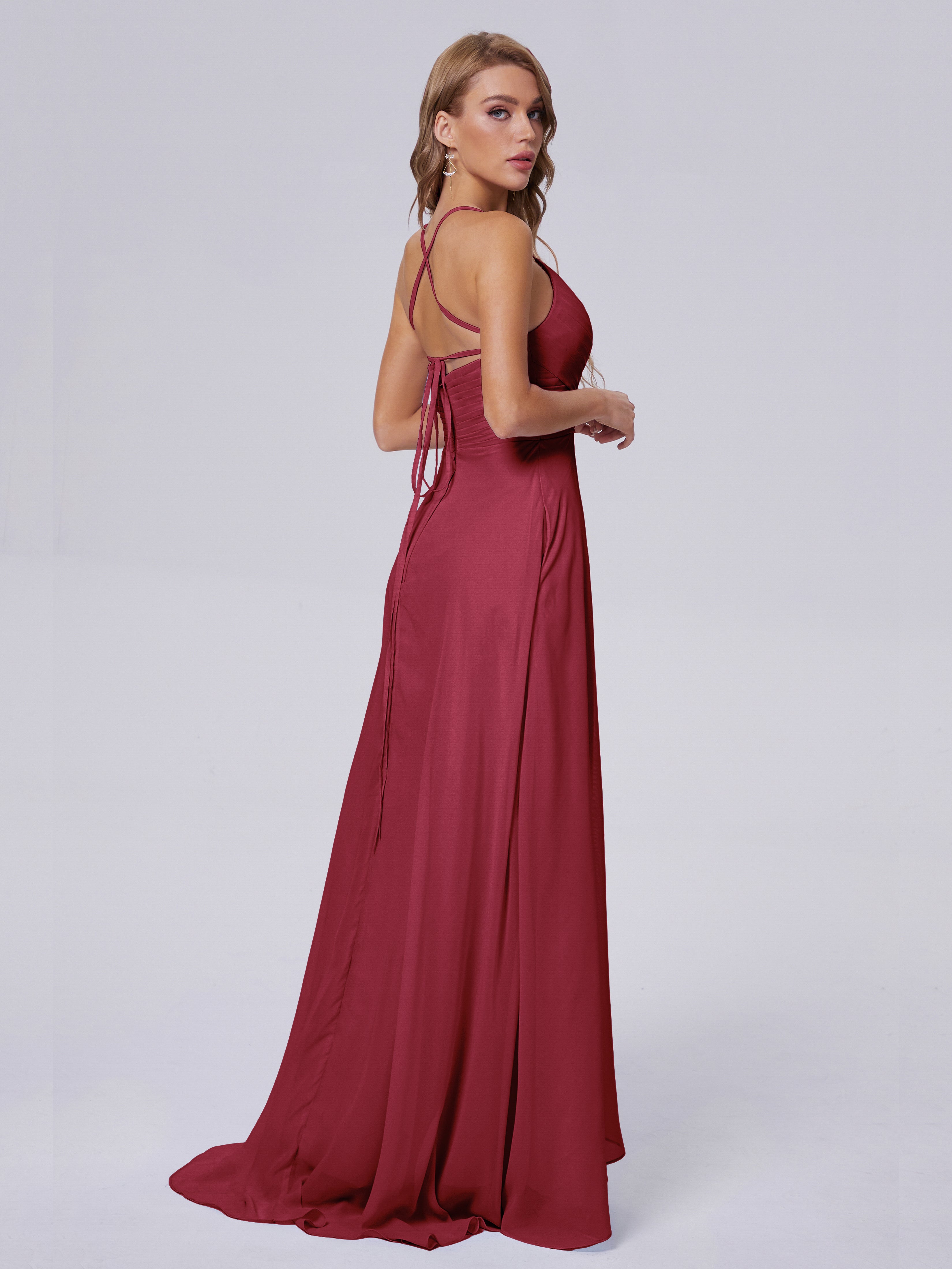 Robe Demoiselle D Honneur Rose Cannelle Bretelles Spaghetti Fendue Mousseline Robes Demoiselle D'Honneur