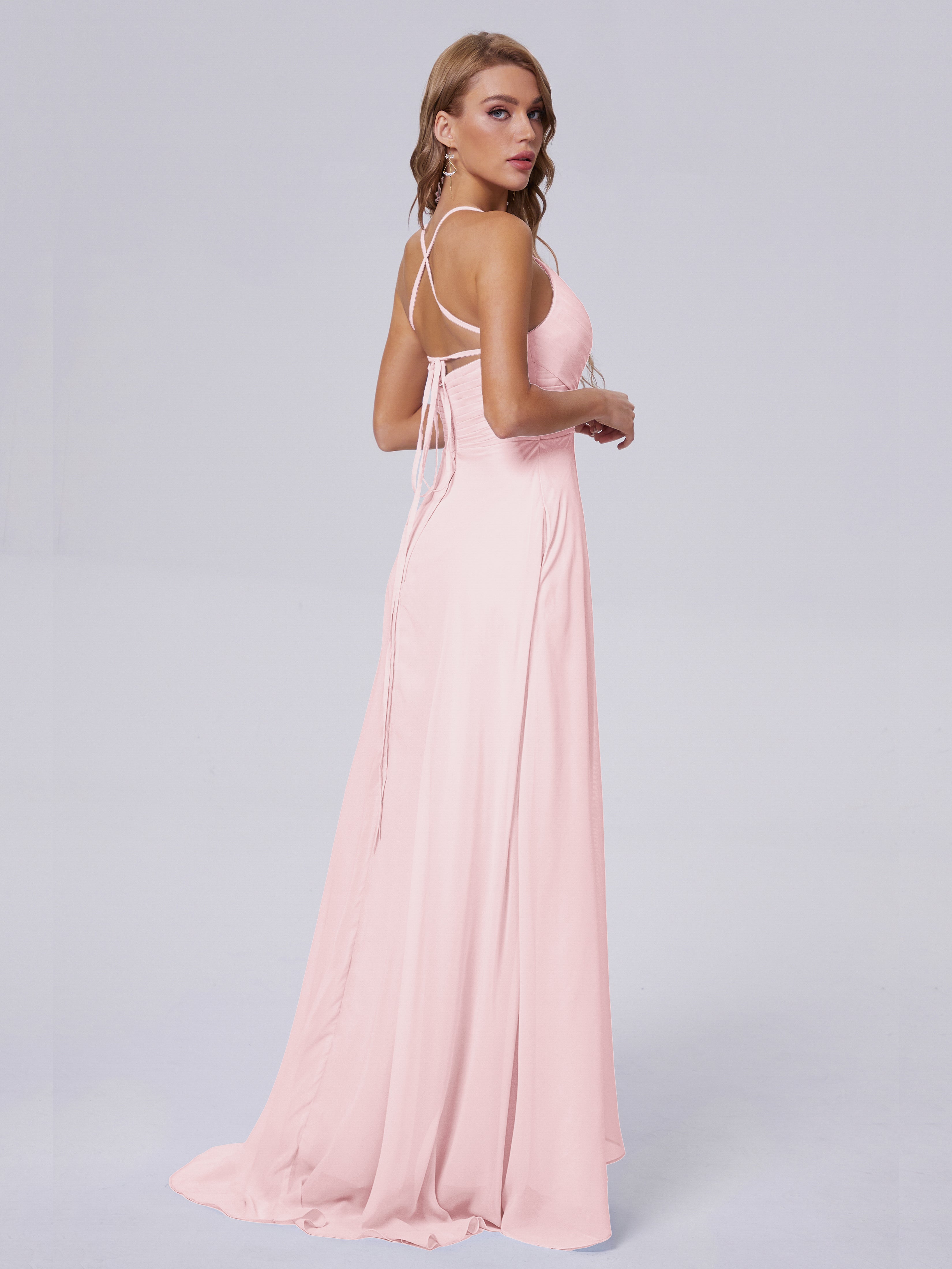 Robe Demoiselle Dhonneur Rose Pale Bretelles Spaghetti Fendue Mousseline Robes Demoiselle D'Honneur